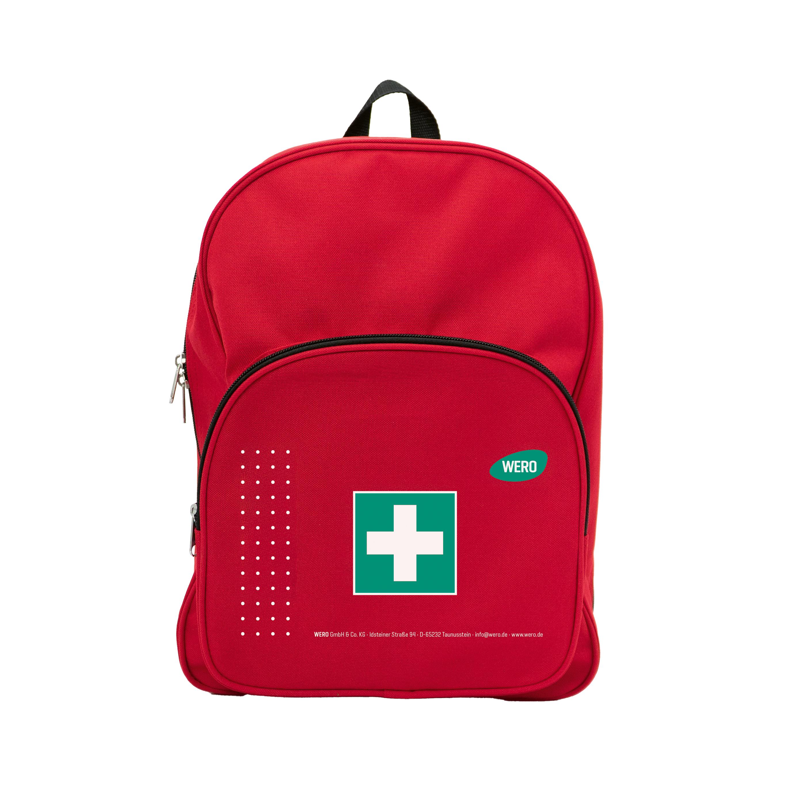 WERO Erste Hilfe Rucksack in kräftigem Rot mit weißem Kreuzlogo, schwarzem Griff, Netzfächern und Fronttasche aus robustem Nylon 600D.