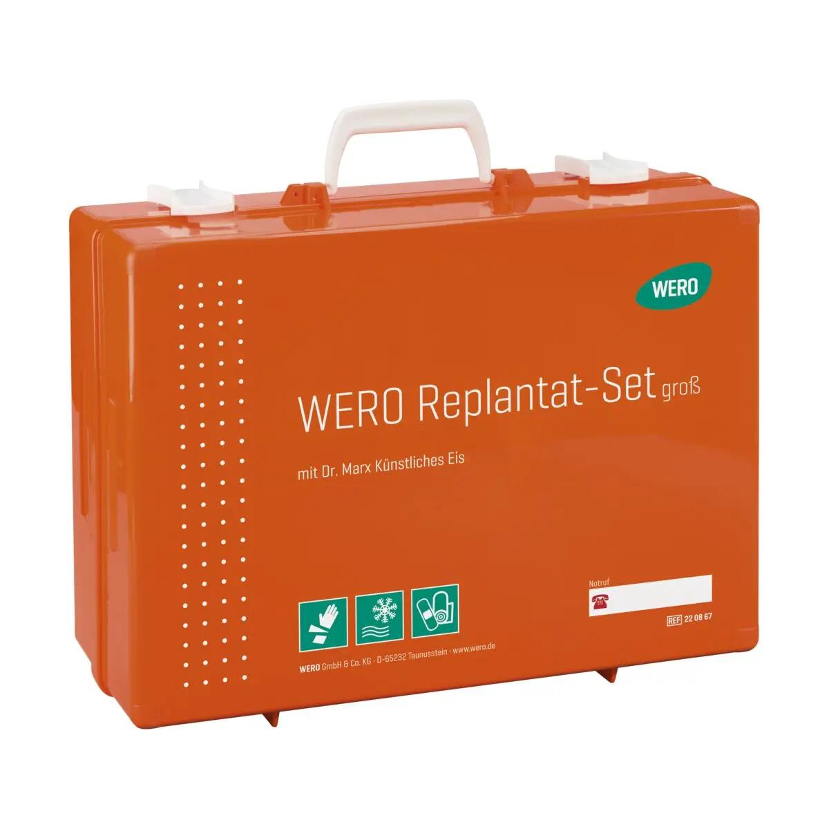 Oranger Kunststoffkasten Dr. Marx Replantat-Set - Groß, Dr. Marx künstliches Eis mit weißem Griff und Sicherheitsverschlüssen, geeignet zum Transport von Amputaten.