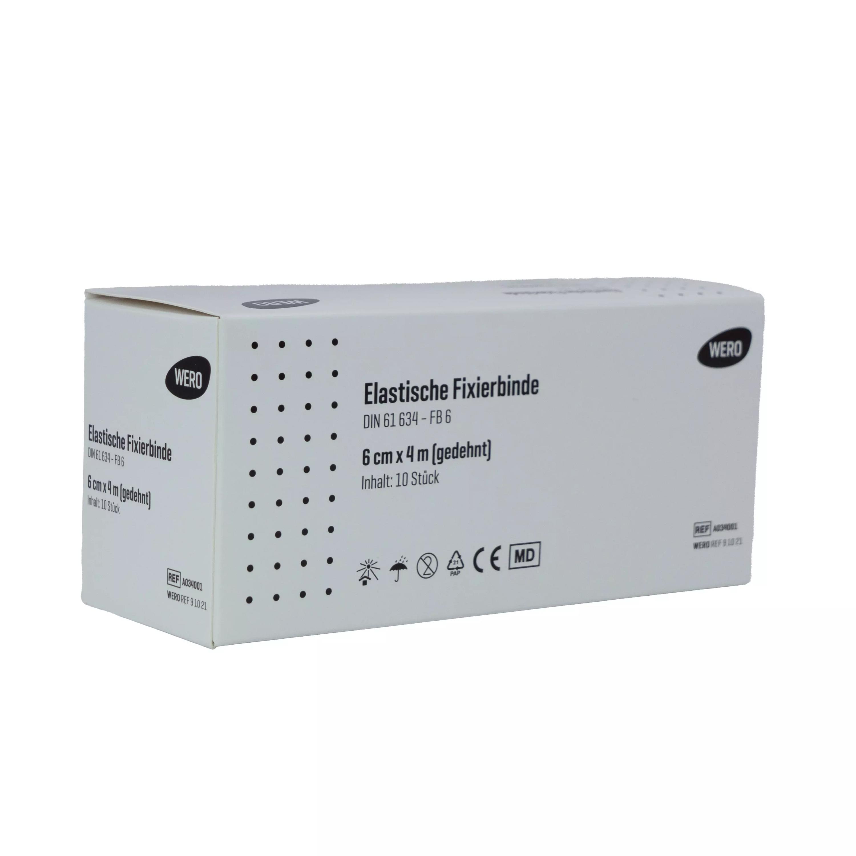 Eine aufrecht stehende Verpackung Mullbinde Elastische Fixierbinde DIN 61634, 6 cm breit, 10 Stück, mit Herstellerlogos und Produktdetails aufgedruckt.