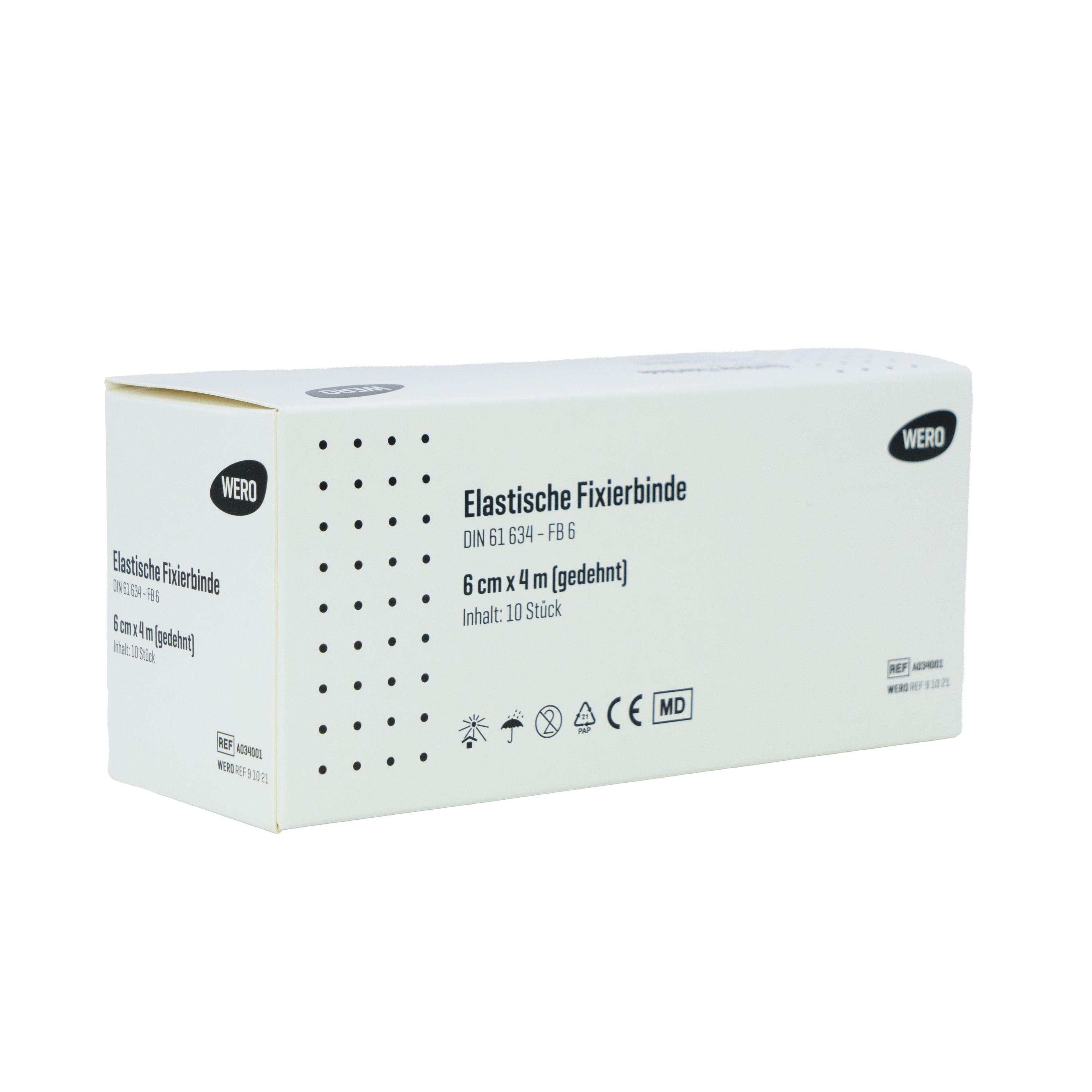 Eine aufrecht stehende Verpackung Mullbinde Elastische Fixierbinde DIN 61634, 6 cm breit, 10 Stück, mit Herstellerlogos und Produktdetails aufgedruckt.