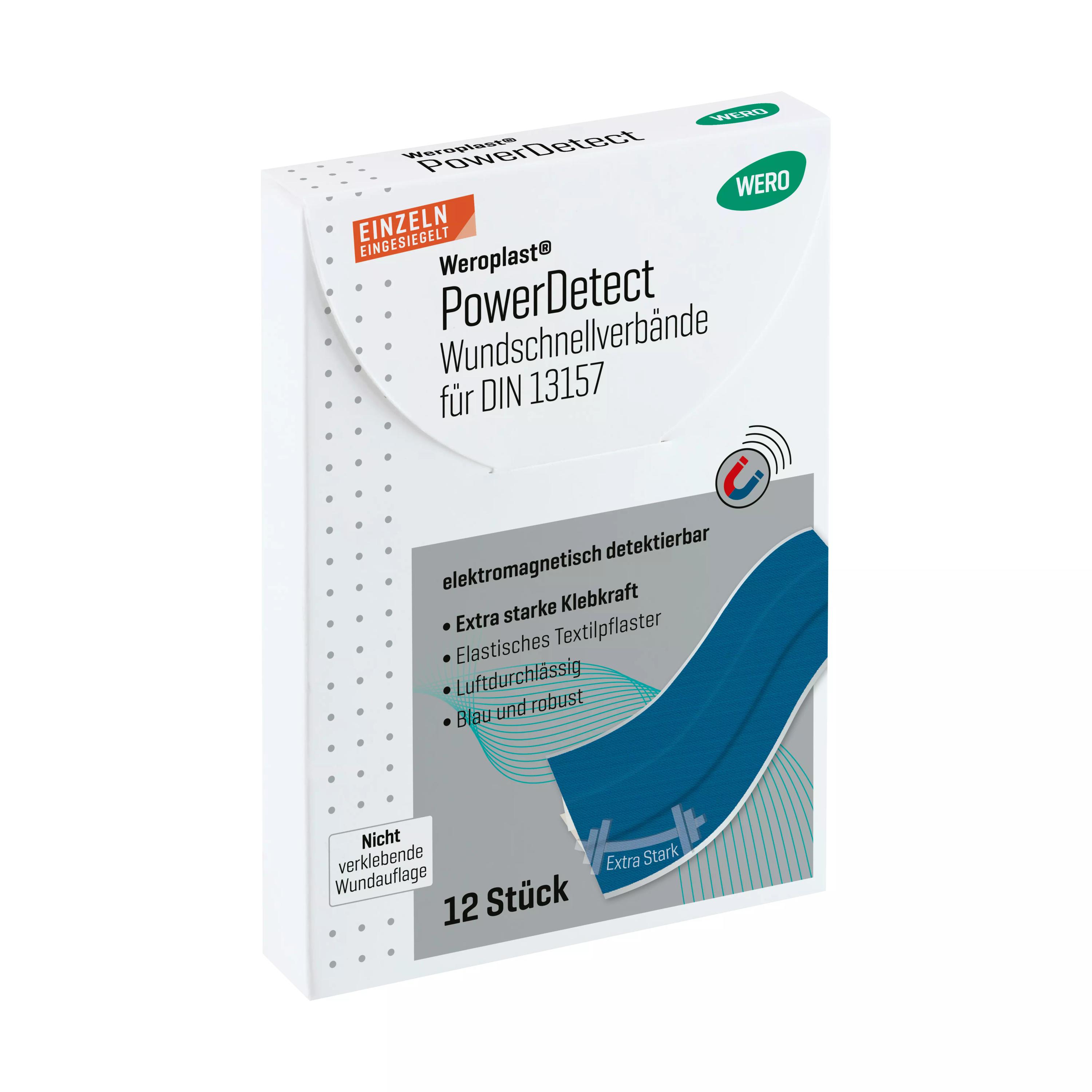 Weiße Verpackung Pflasterset Weroplast® PowerDetect mit blau-grauer Etikettierung, Angabe „12 Stück“, deutschem Text und Symbol für Metall-Detektierbarkeit.
