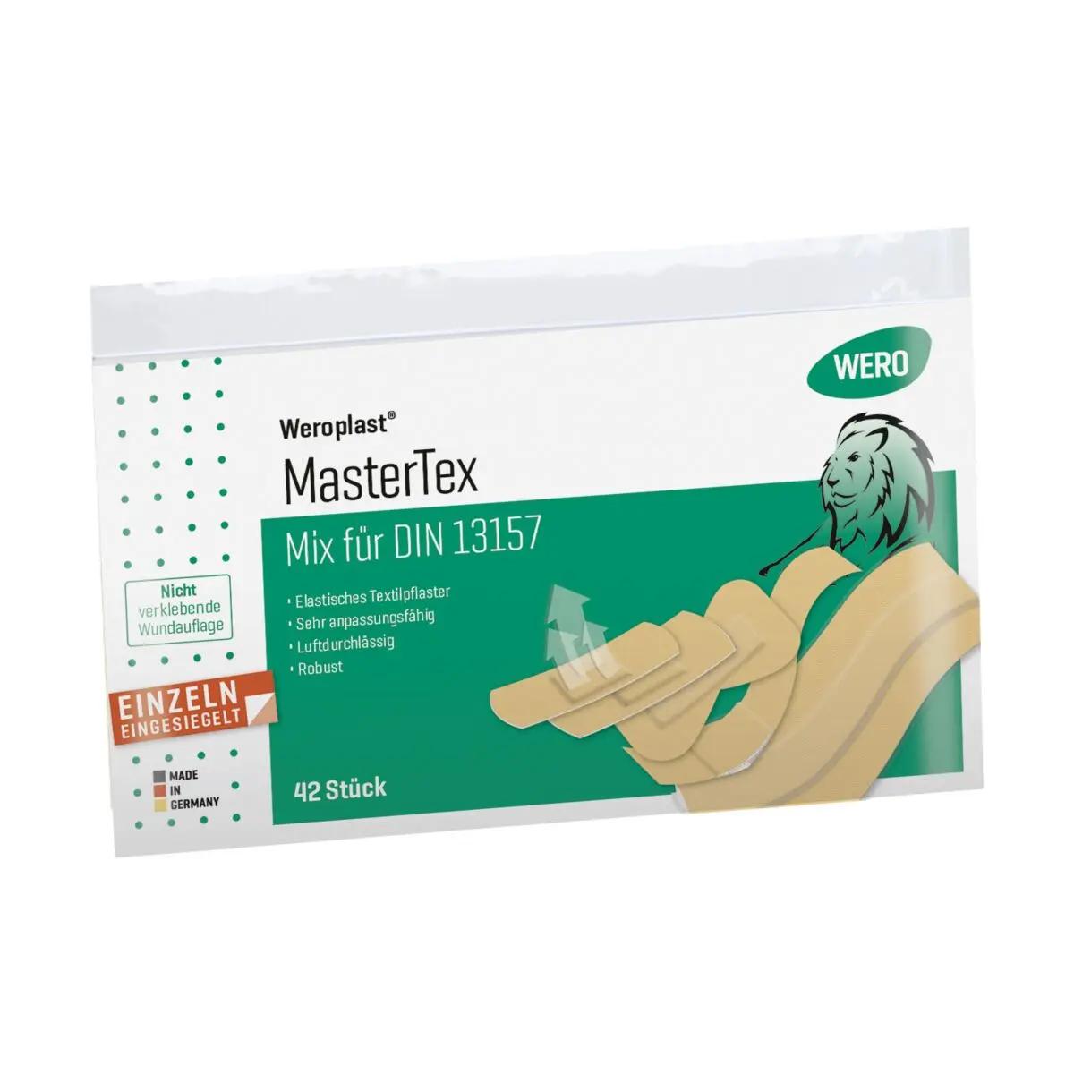 Ein rechteckiger Karton Weroplast MasterTex Mix für DIN 13157 mit grün-weißer Verpackung, Markenlogo und gezeichnetem Löwen auf der Vorderseite.