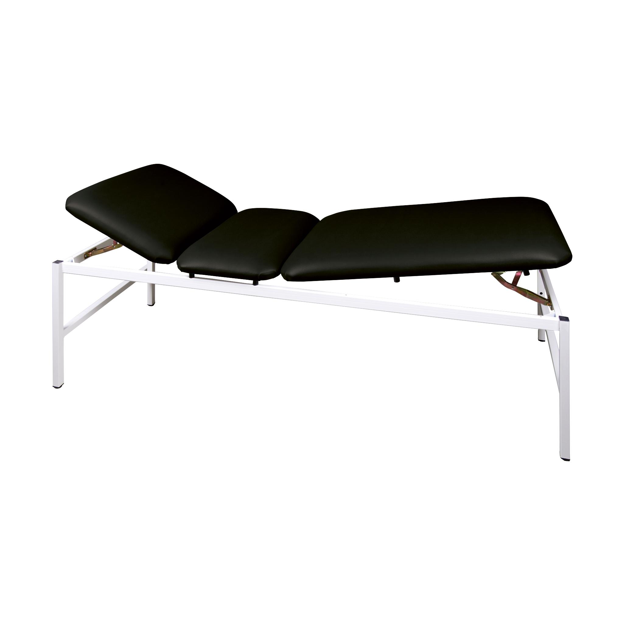 Ruheliege Modell 370, Liegefläche 3-teilig – Schwarz mit gepolsterter Oberfläche und pulverbeschichtetem weißen Metallgestell, seitlich betrachtet.