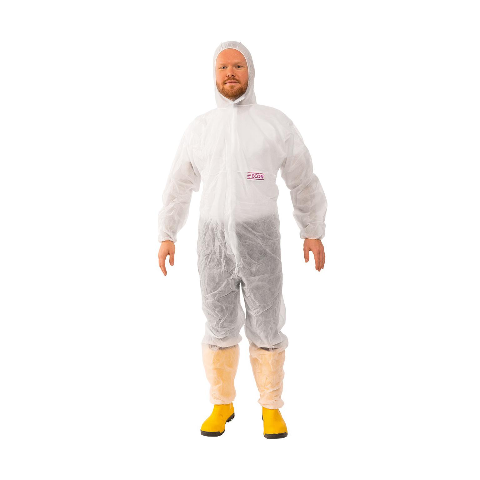 Eine Person trägt einen weißen Einmal-Overall mit Kapuze CE Kategorie I - XXL, der flüssigkeitsundurchlässig, atmungsaktiv und mit Gummizügen versehen ist.