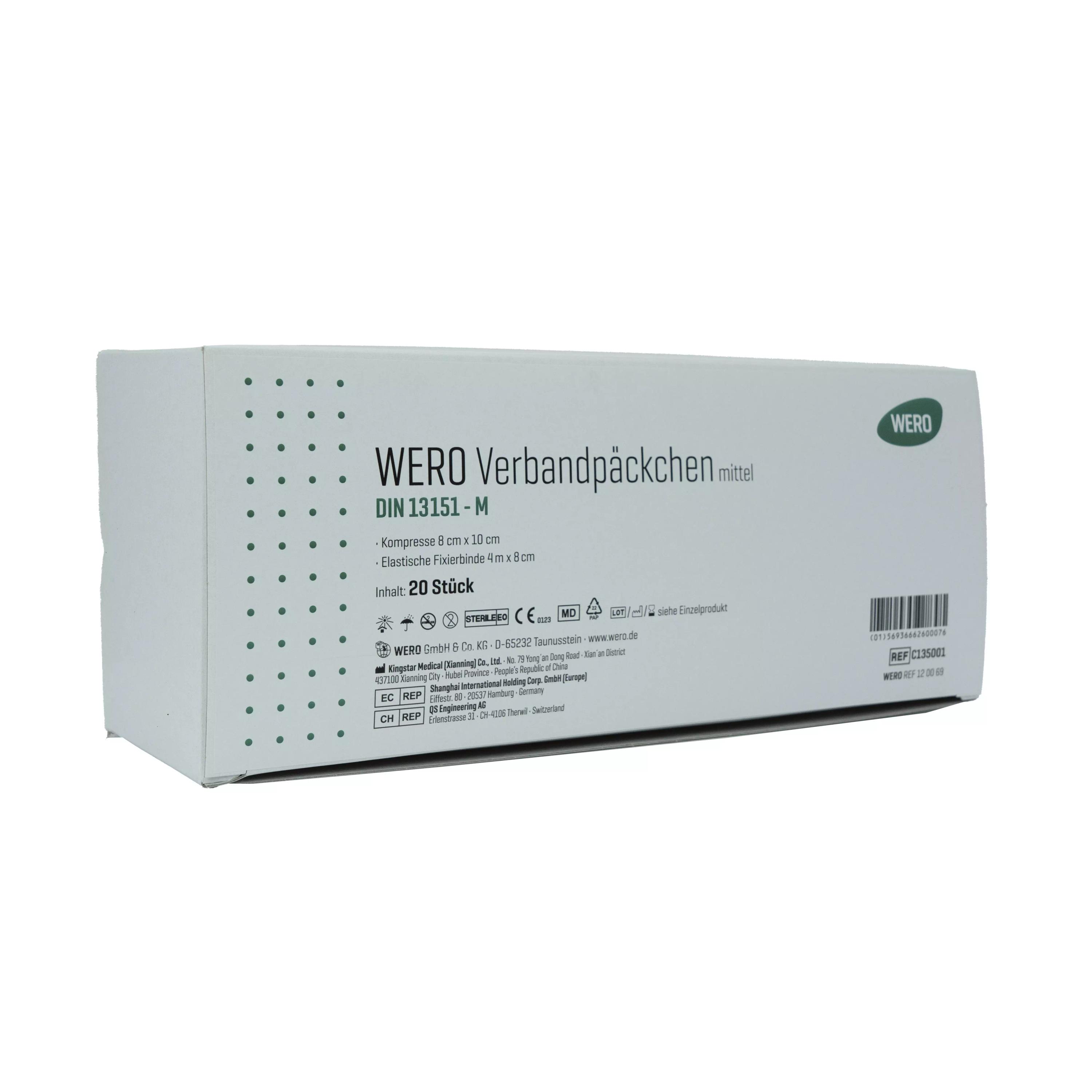 Weiße Schachtel WERO Verbandpäckchen DIN 13151 M, steril, mit grüner Aufschrift zu Kompresse mit Spezialbeschichtung, kein Verkleben, ohne Aluminium.