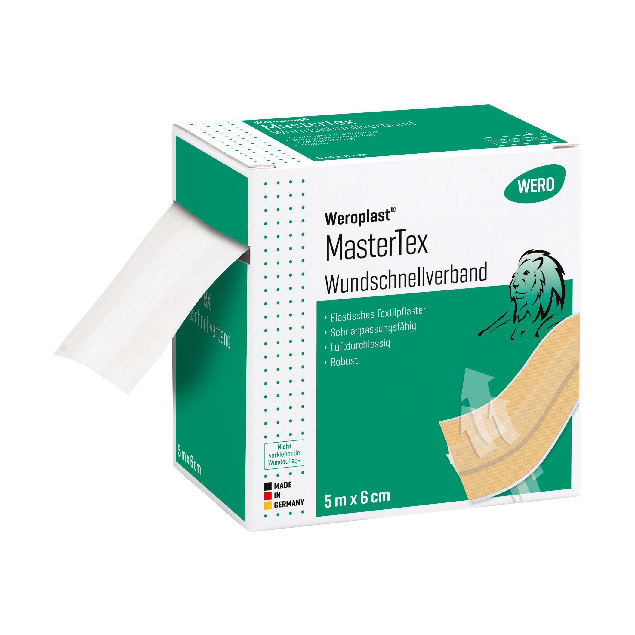 Eine Packung Wundschnellverband Weroplast® MasterTex 6 cm x 5 m mit flexiblem, anpassungsfähigem, textilem Gewebe steht aufrecht, das Bandageende ist teils abgerollt sichtbar.