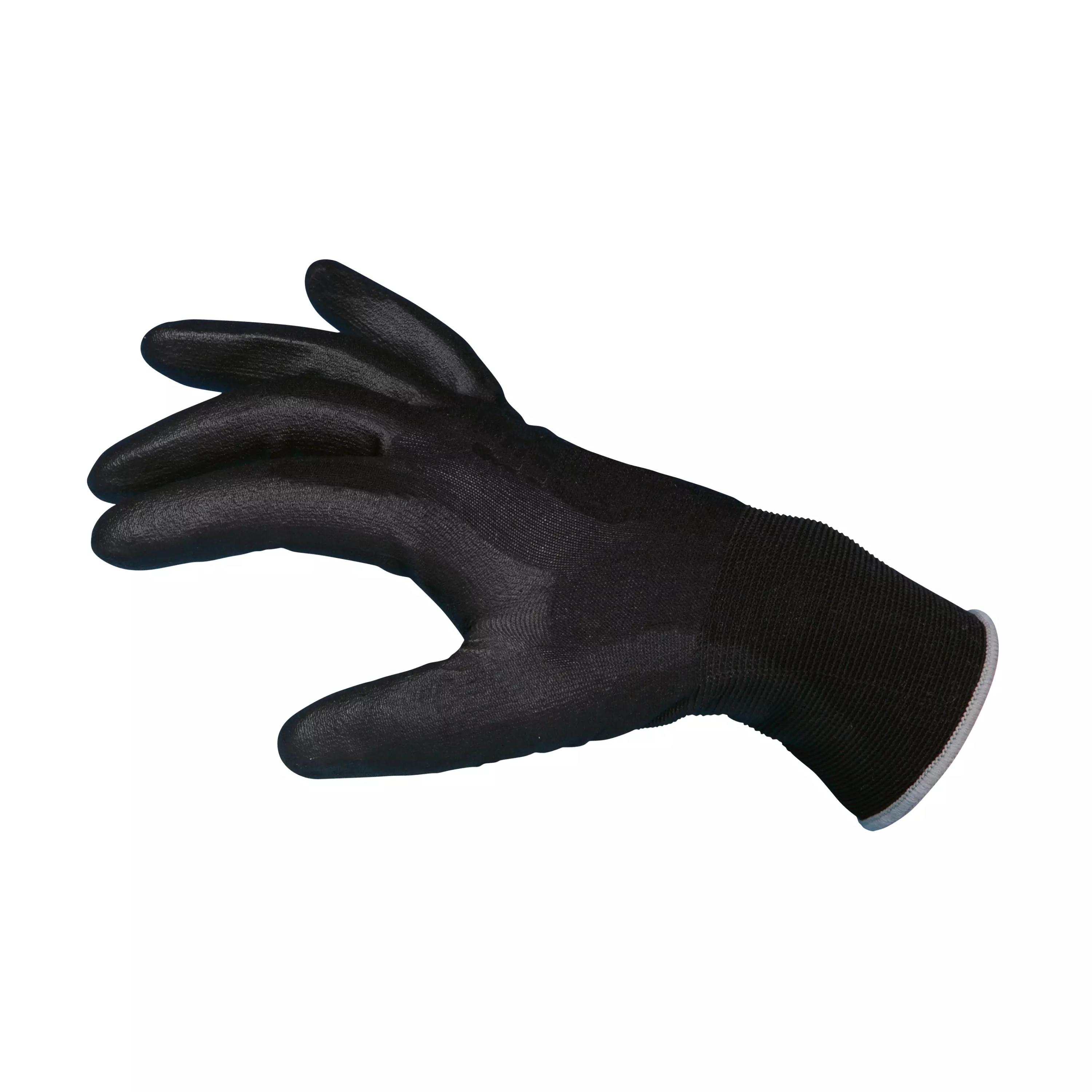 Ein Präzisionshandschuh Soft PU in Schwarz, Größe 7, mit dünnem Polyamid-Liner und elastischer Manschette liegt leicht geöffnet und strukturiert da.