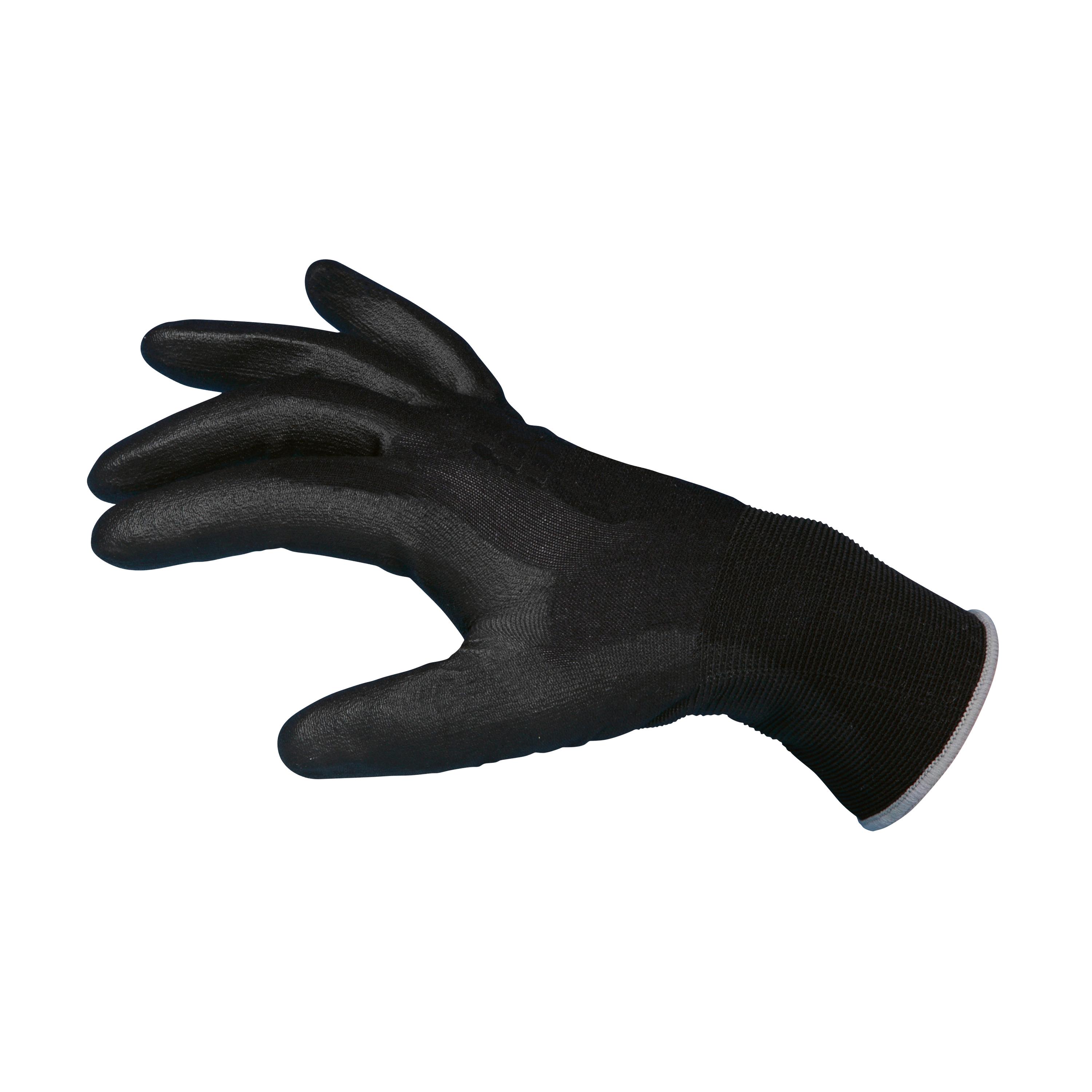 Ein Präzisionshandschuh Soft PU in Schwarz, Größe 7, mit dünnem Polyamid-Liner und elastischer Manschette liegt leicht geöffnet und strukturiert da.