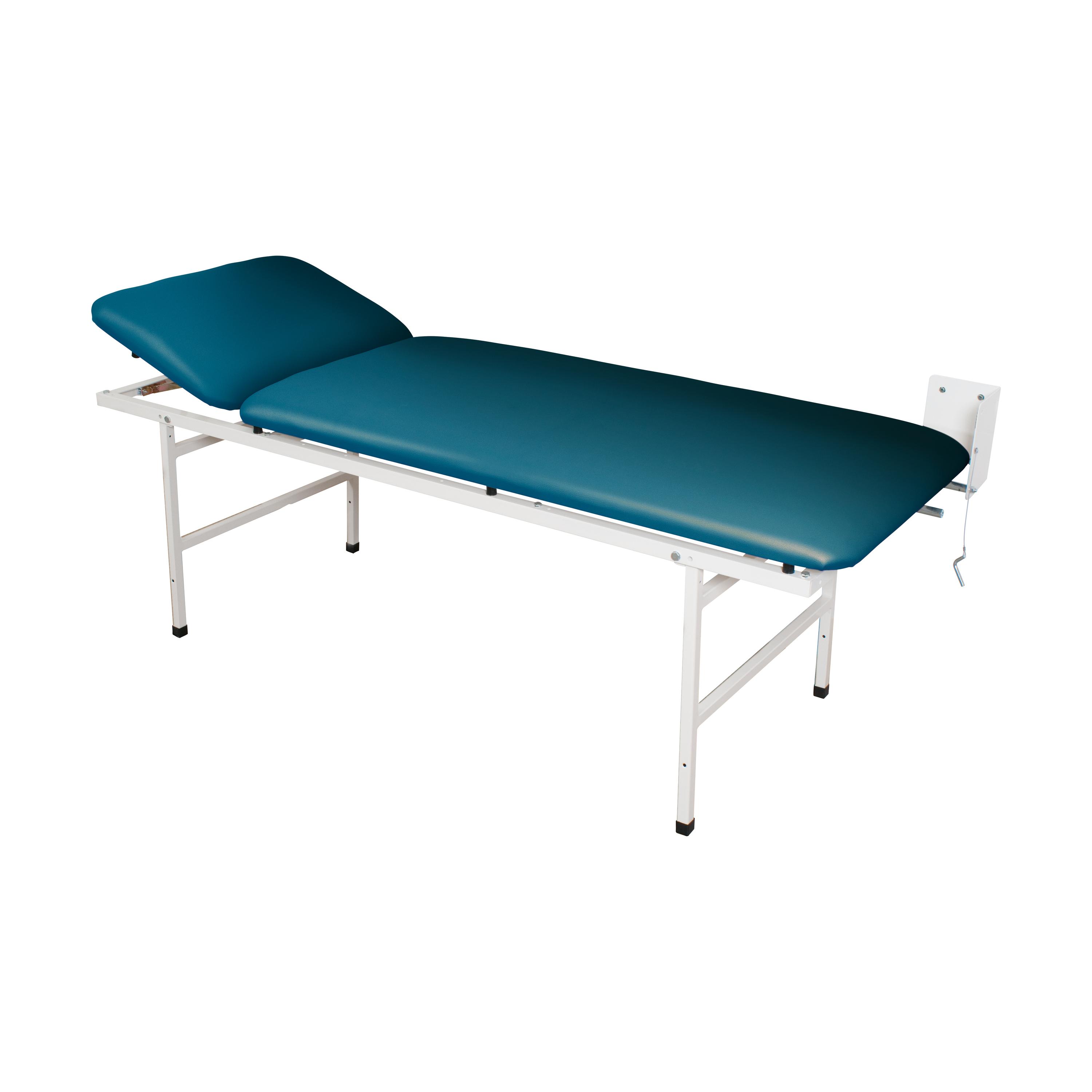 Wandklappliege - Türkis mit glatter Liegefläche, stabilem weißem Metallrahmen und Kopfstütze, seitlich ein kleines Wandgerät befestigt.