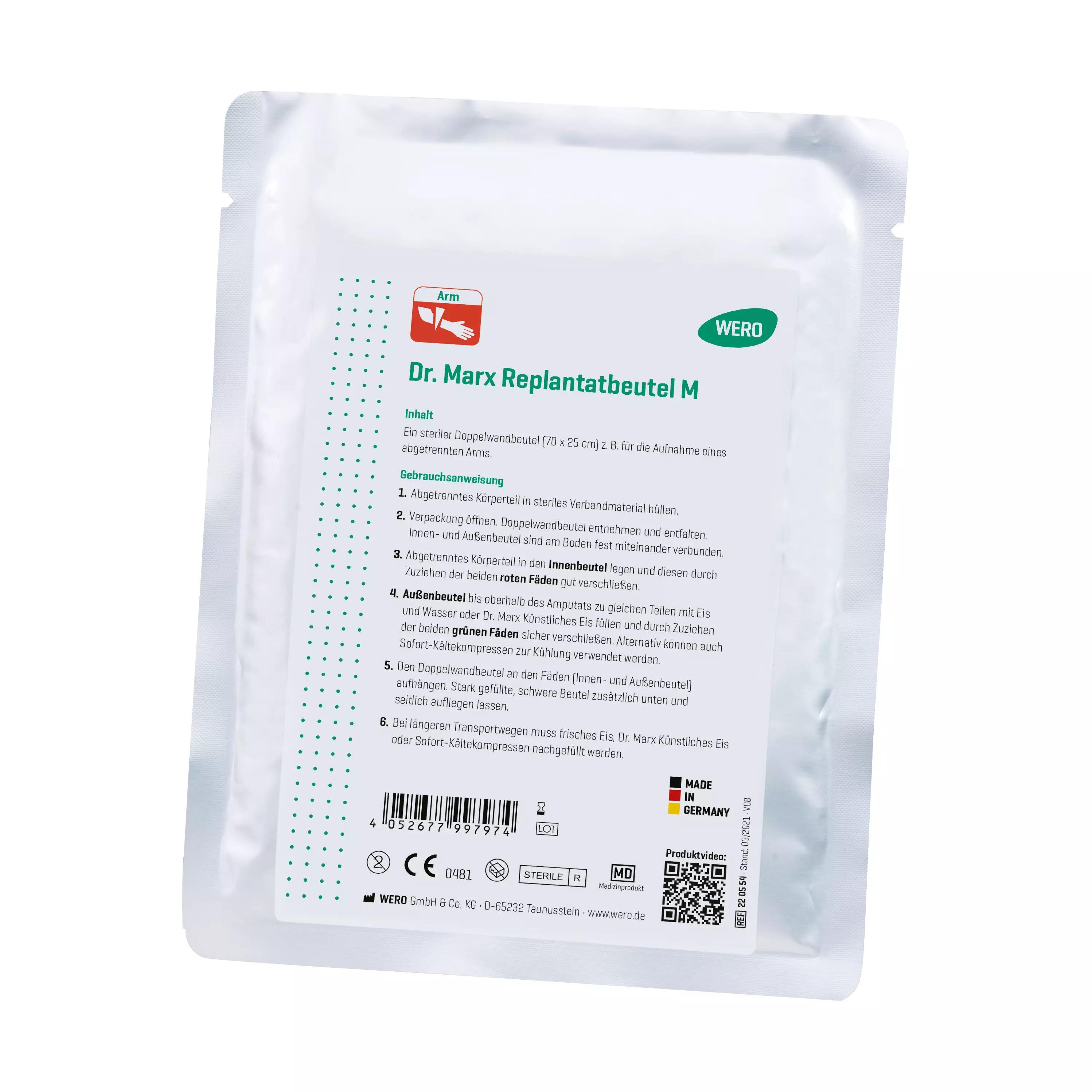 Eine verschweißte Verpackung des Dr. Marx Replantatbeutel M steril - Arm mit Fenster und grün-rotem Etikett für den sicheren Transport von Amputaten.