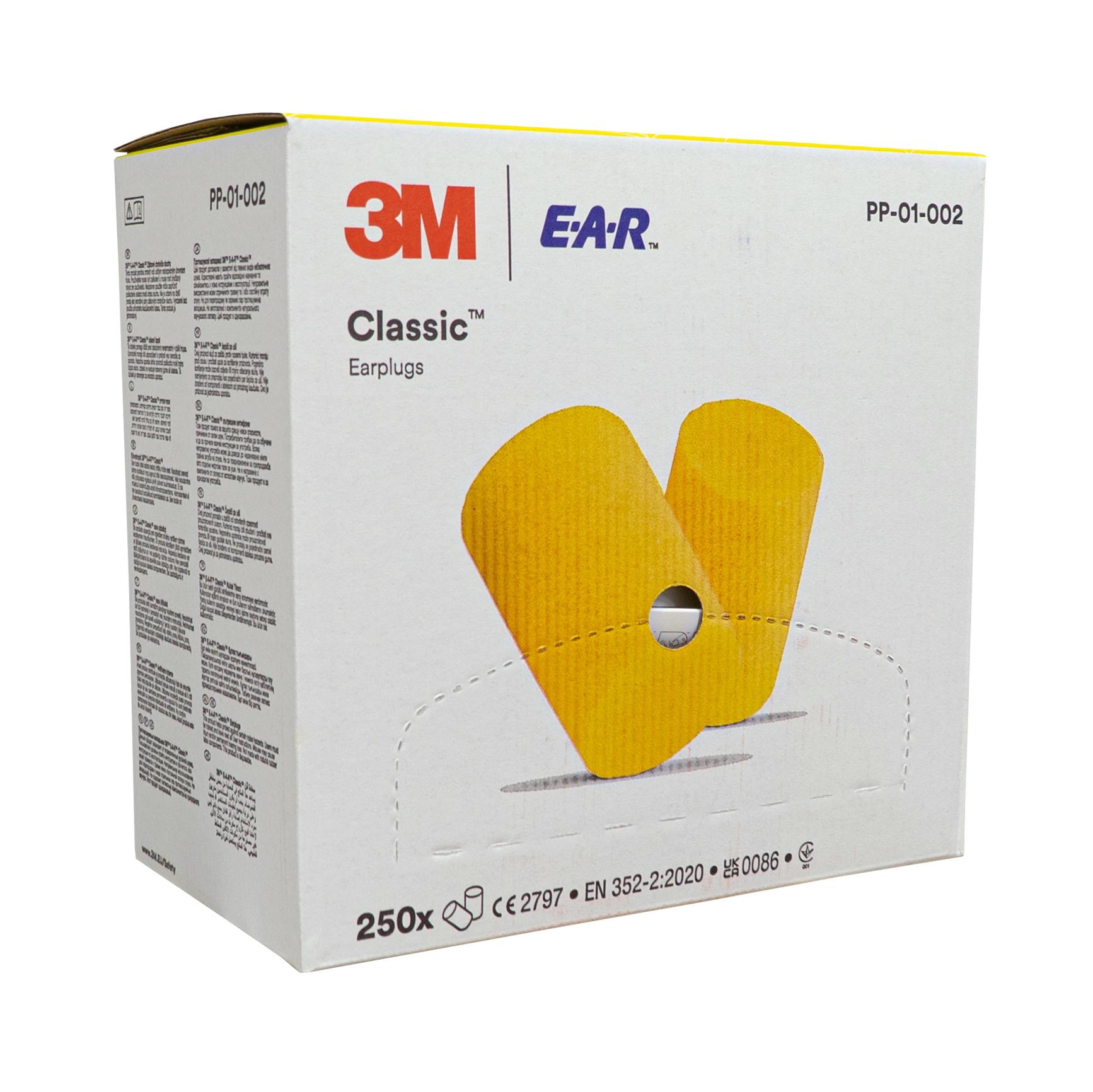Weiße Spenderbox mit 250 Paar 3M E-A-R Classic Gehörschutzstöpseln, gelb, universalgröße, SNR 28 dB aufgedruckt.