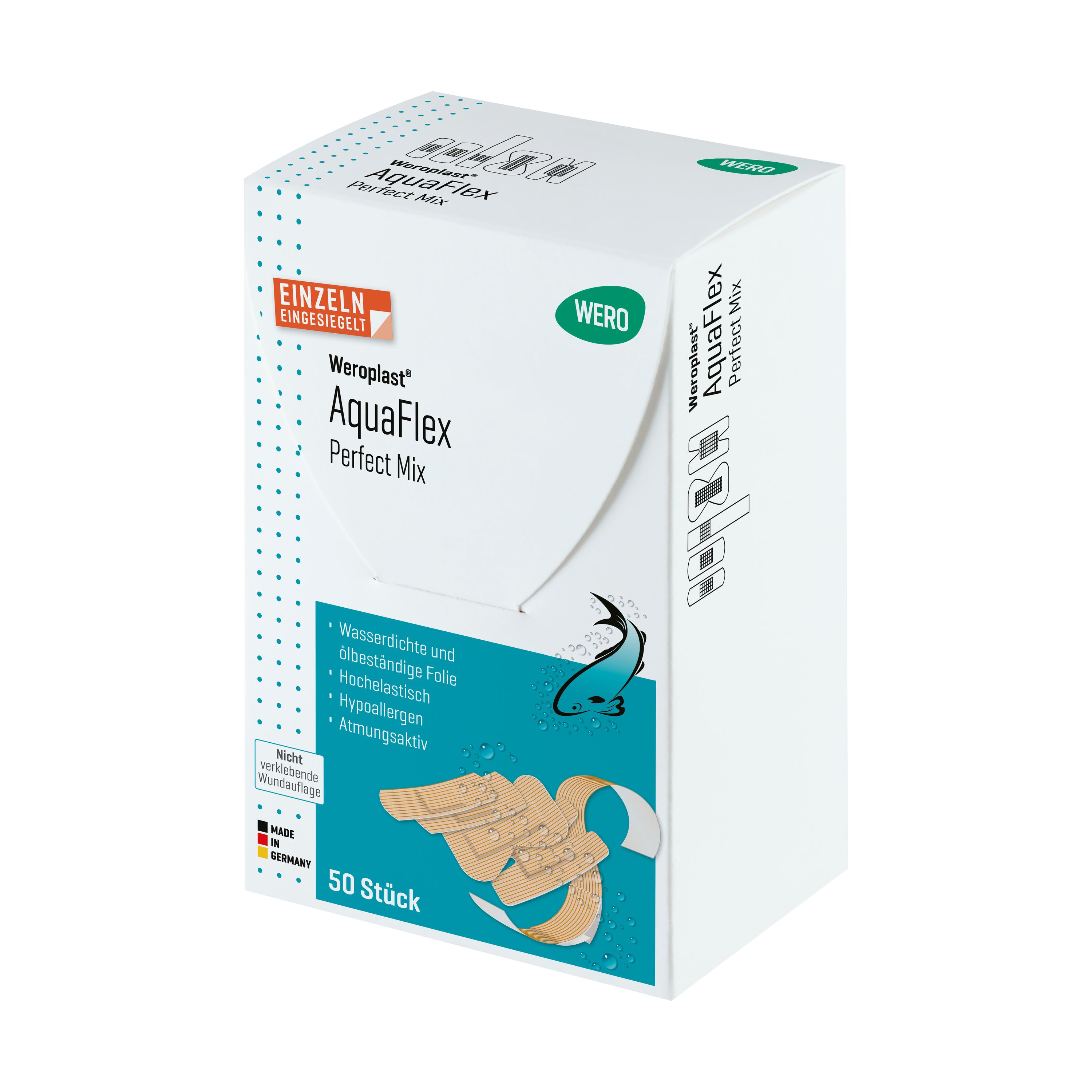 Weroplast AquaFlex Perfect Mix Box mit 50 wasserfesten, hypoallergenen Verbandrollen à 50 x 25 cm, Anleitung und Fischmotiv auf Vorderseite