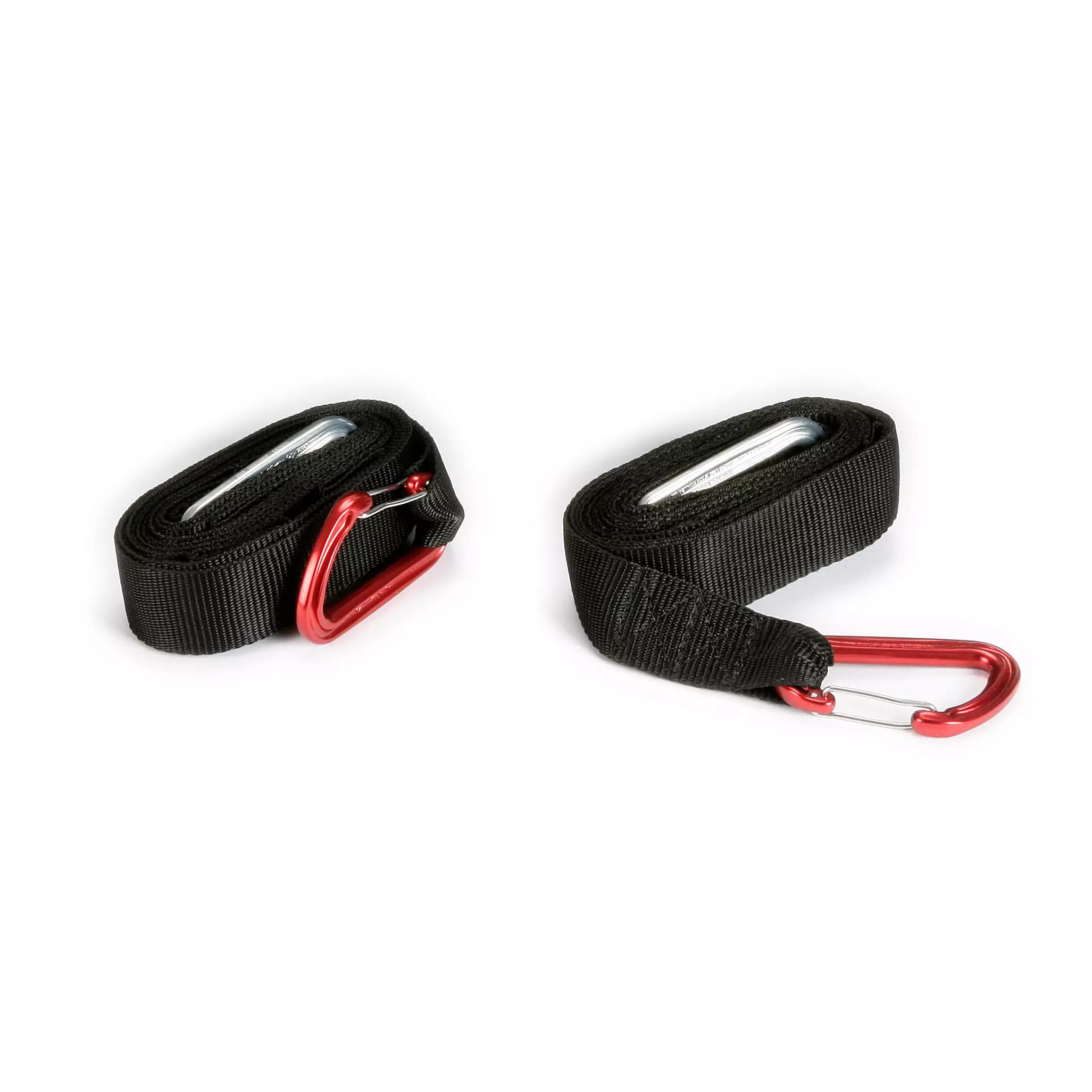Zwei schwarze Xtract™ SR Xstraps mit roten Metallkarabinern, einer gebogen und einer gerade, liegen symmetrisch nebeneinander.