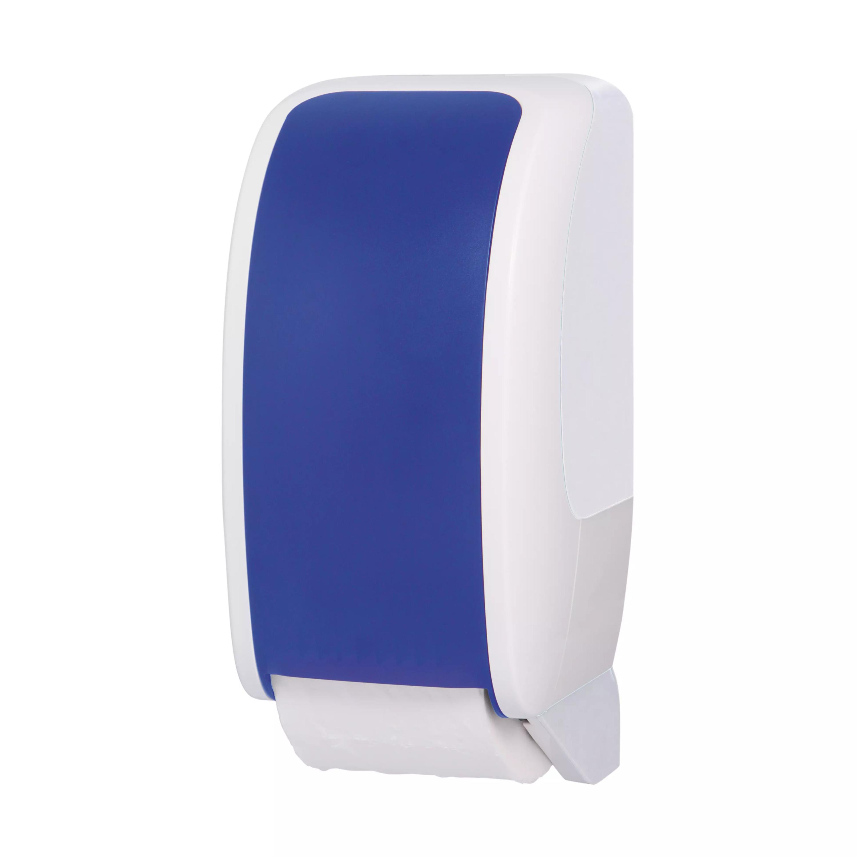 Ein Toilettenpapierspender RATIO - Blau mit modernem Design, zeigt eine eingesteckte Toilettenpapierrolle und eine blaue obere Abdeckung.