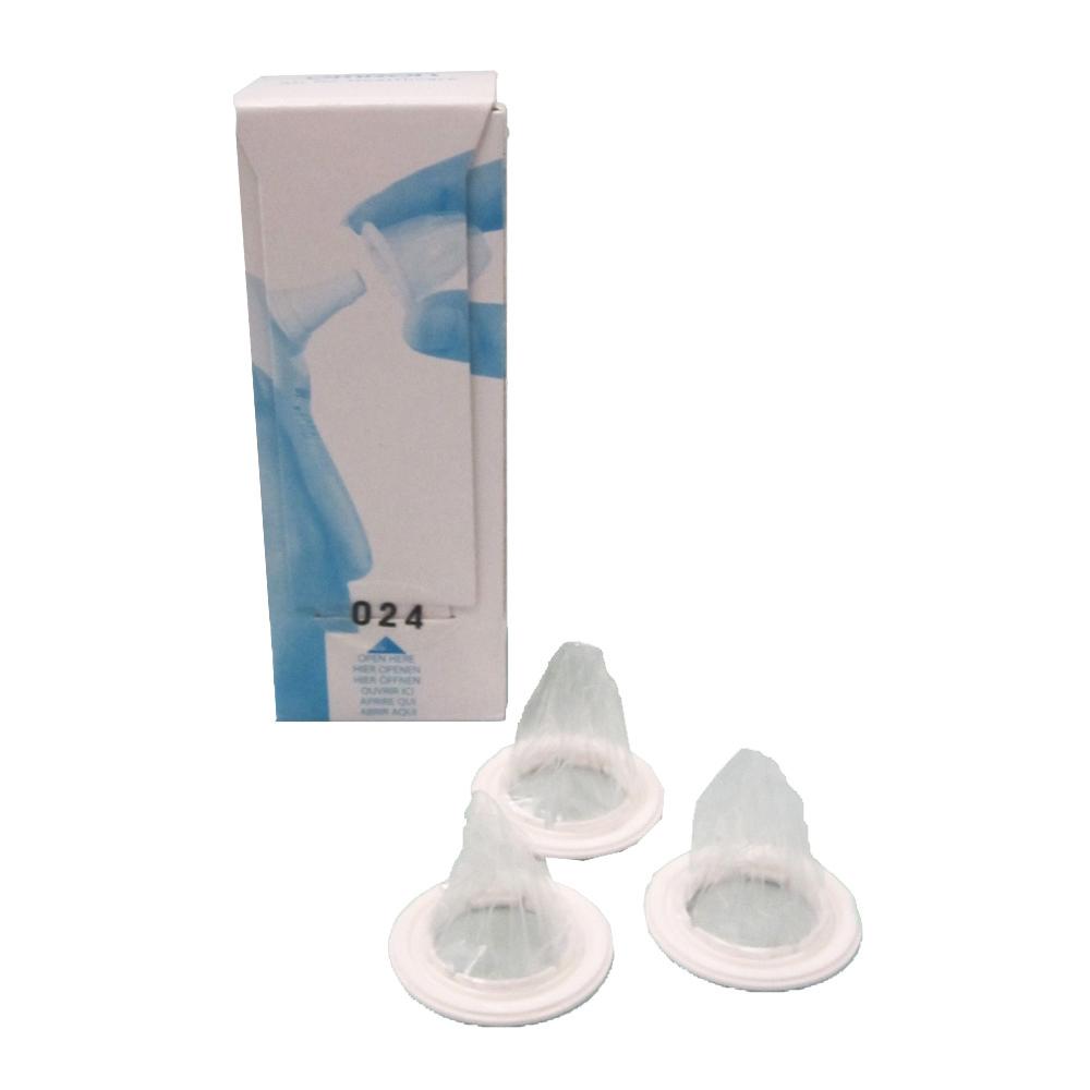 Zu sehen sind Einweg-Messhüllen für Ohrfieberthermometer, drei trichterförmige Kunststoffaufsätze und eine weiße Box mit blauer Beschriftung.