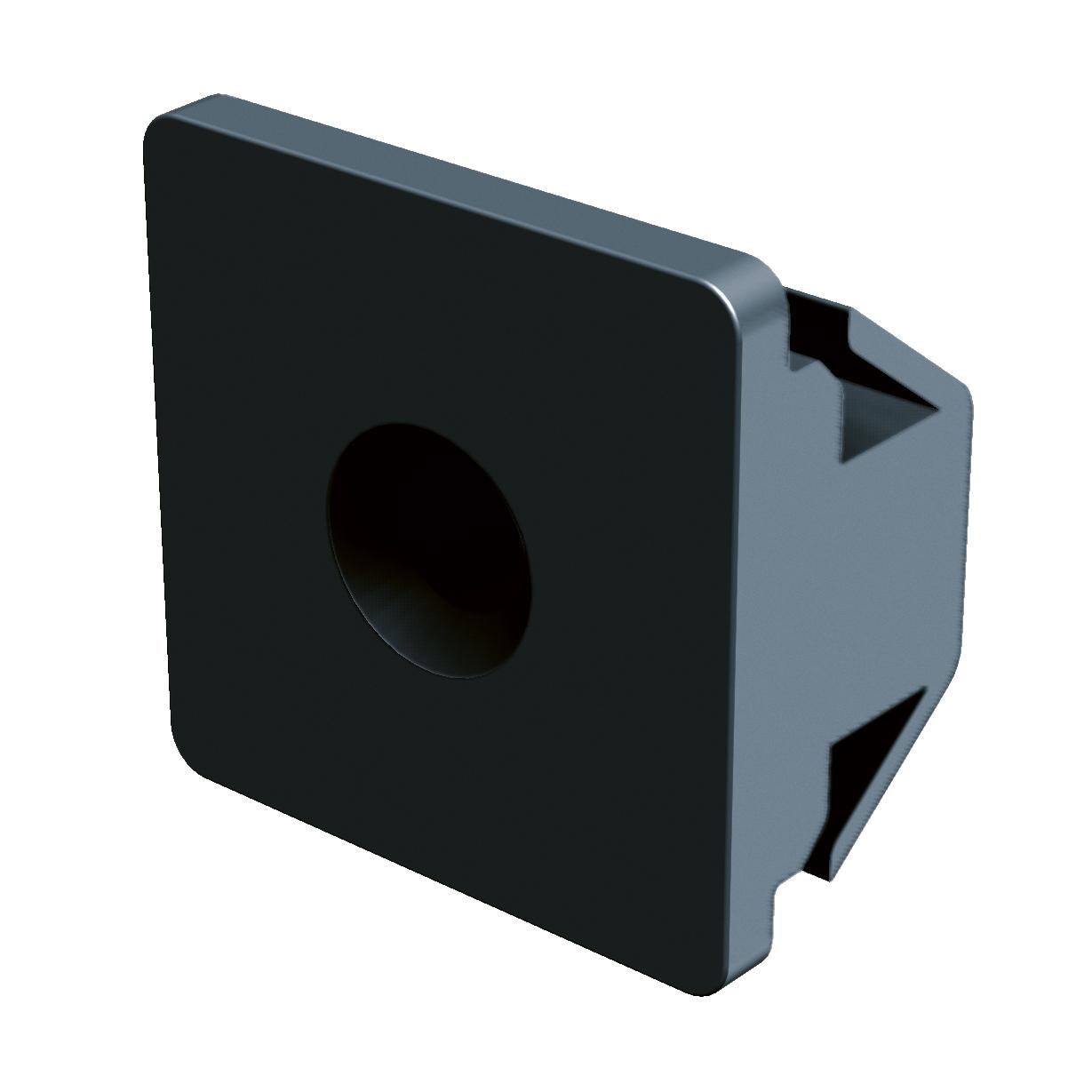 Quadratische Montagemutter für Weroflex® Station aus schwarzem Kunststoff, mit zentralem Loch und seitlicher Befestigungsnase, im minimalistischen Design.