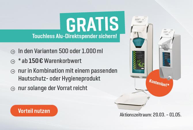 Zwei weiße Touchless Alu-Direktspender für 500 oder 1.000 ml, beigelegt als Gratisaktion ab 150 € Warenwert, mit Aktionszeitraum.