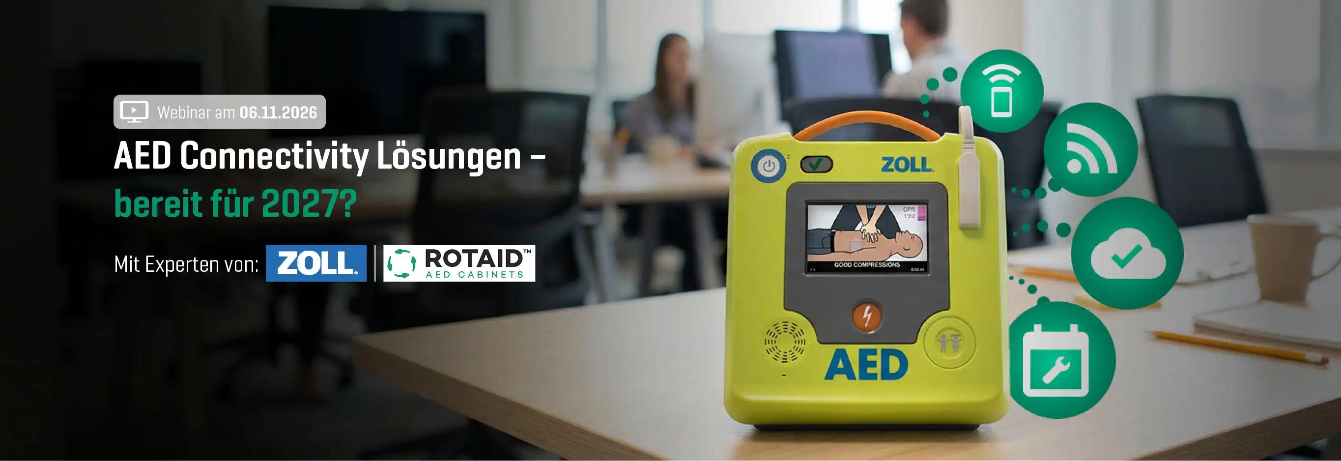 Defibrillator von ZOLL mit Webinar-Ankündigung zu AED Connectivity Lösungen, CPR-Grafik und Logos von ZOLL und RotAID AED Cabinets.