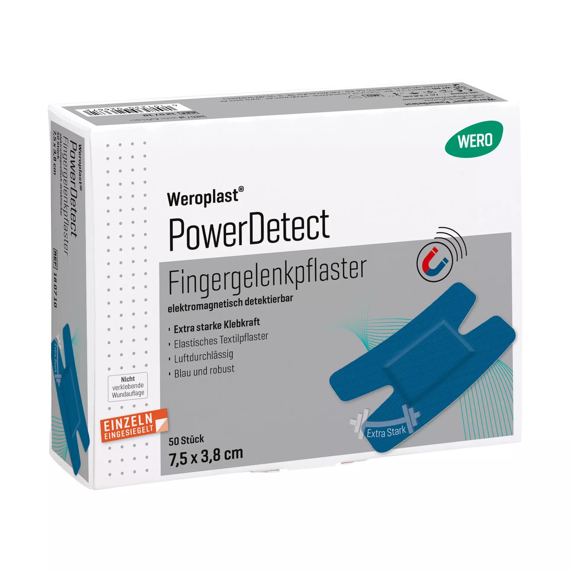 Eine weiße Box Fingergelenkpflaster Weroplast® PowerDetect zeigt ein blaues, detektierbares, elastisches Pflaster mit Aluminiumstreifen und starker Klebkraft.