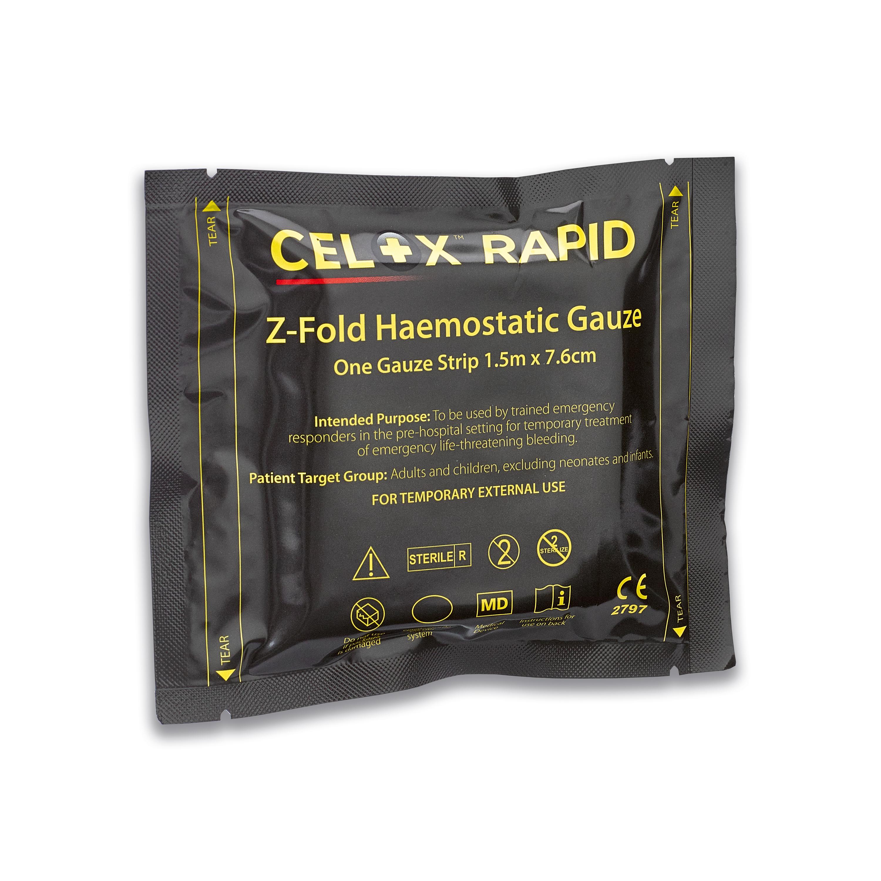 Celox™ Rapid – ultraschnelle Blutstillung in nur 60 Sekunden, originalverpackt, als Z-Fold-Gaze mit verbessertem Chitosan, für den Notfalleinsatz.