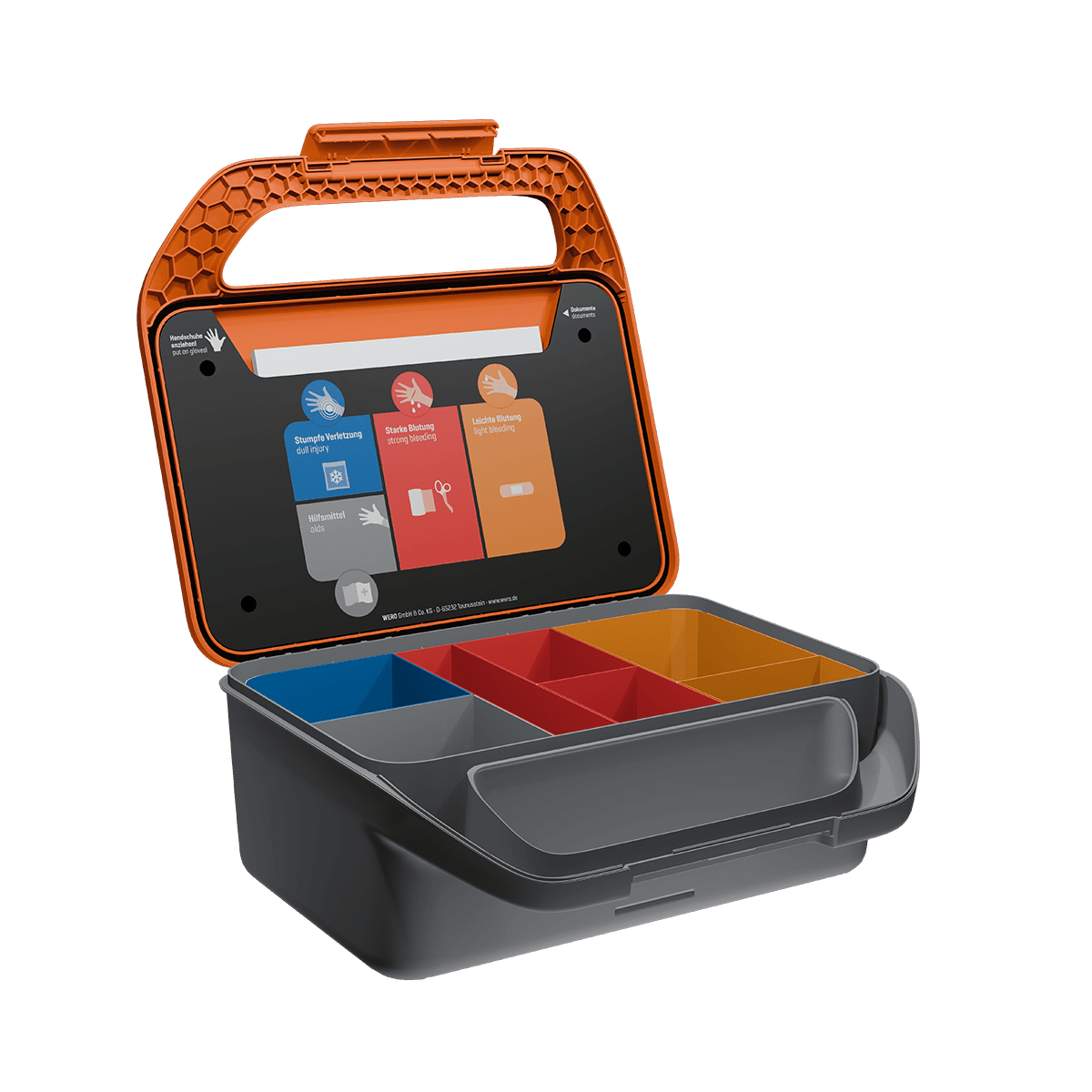 Offener WERO Smart Case® Erste-Hilfe-Koffer - DIN 13157 erweitert - Allround mit vier Fächern, farbigen Einsätzen und Symbolen für Verbandmaterial und Pflaster.