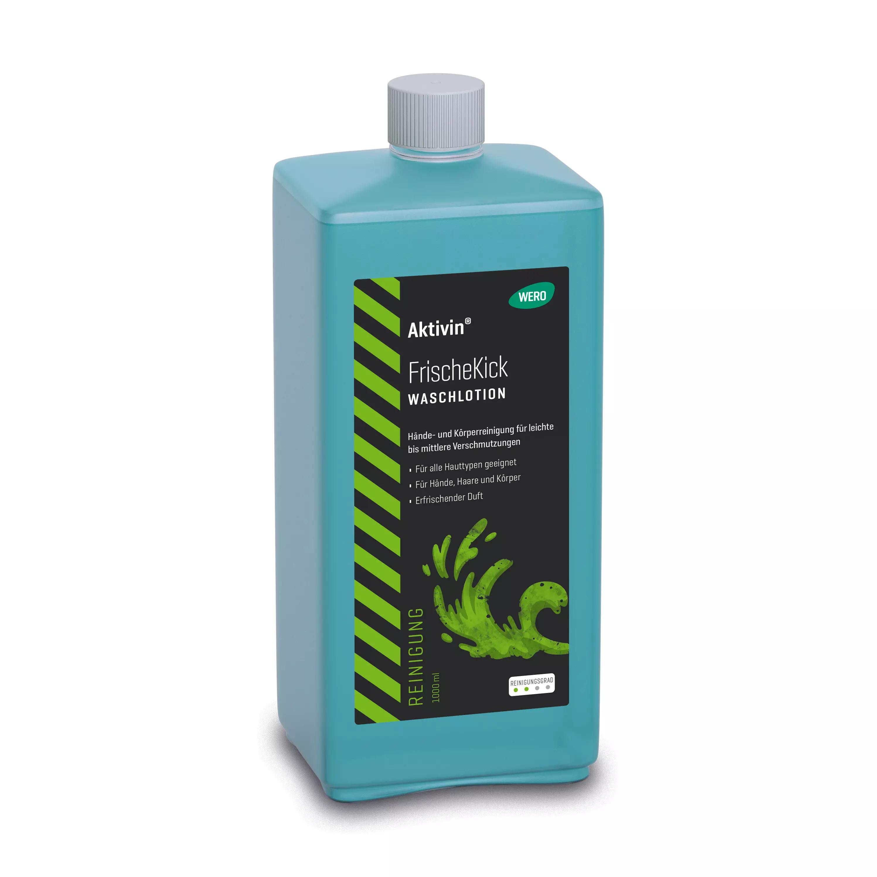 Blaue 1000ml Flasche Activin FrischeKick Waschlotion mit grün-schwarzem Etikett und weißem Deckel.