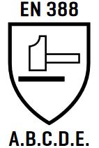 EN 388 Logo mit Schild, Axt, Querbalken und Text A.B.C.D.E.