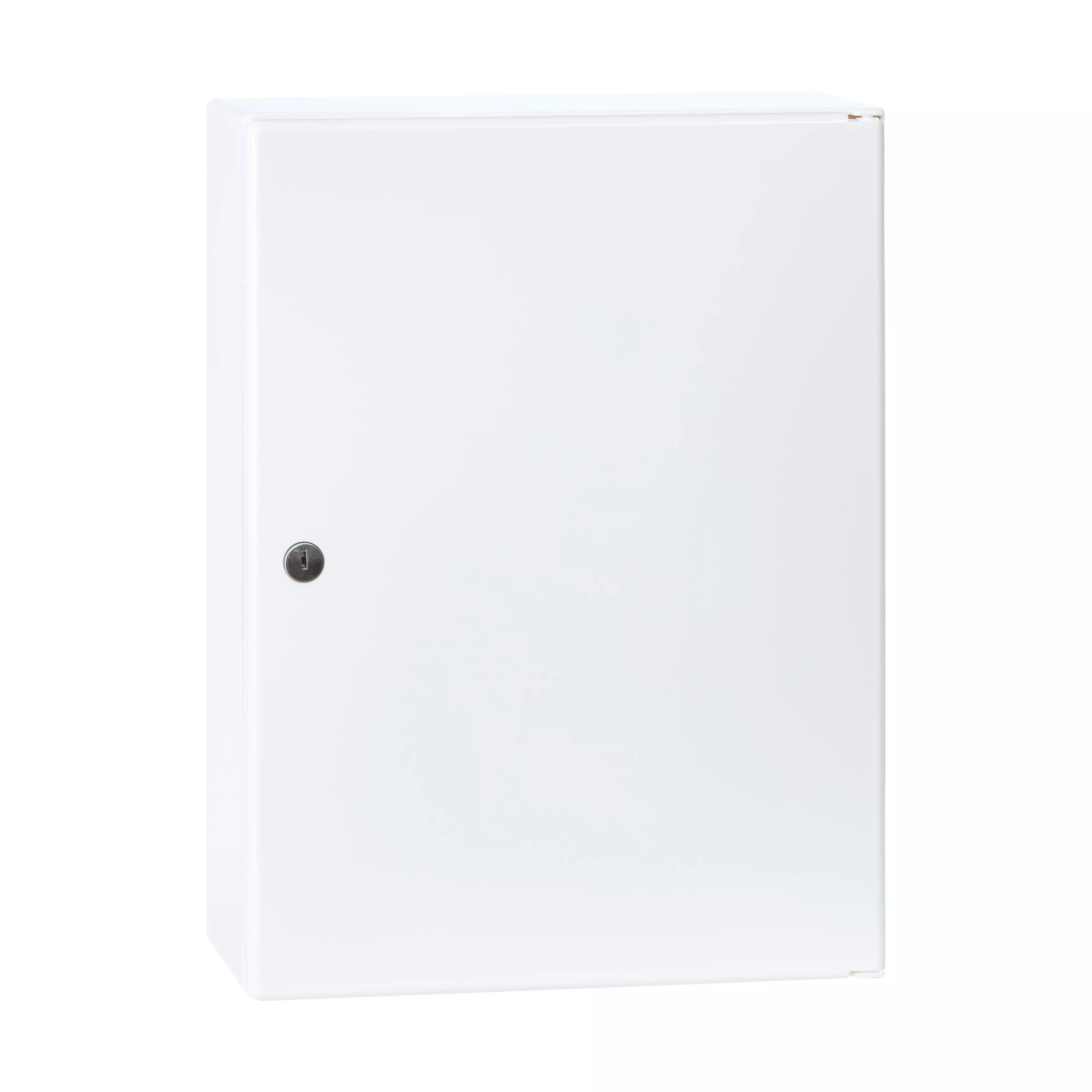 Weißer WERO Verbandschrank M1Trio aus Kunststoff mit glatter Oberfläche und Griff links, zentral platziert, leer abgebildet.