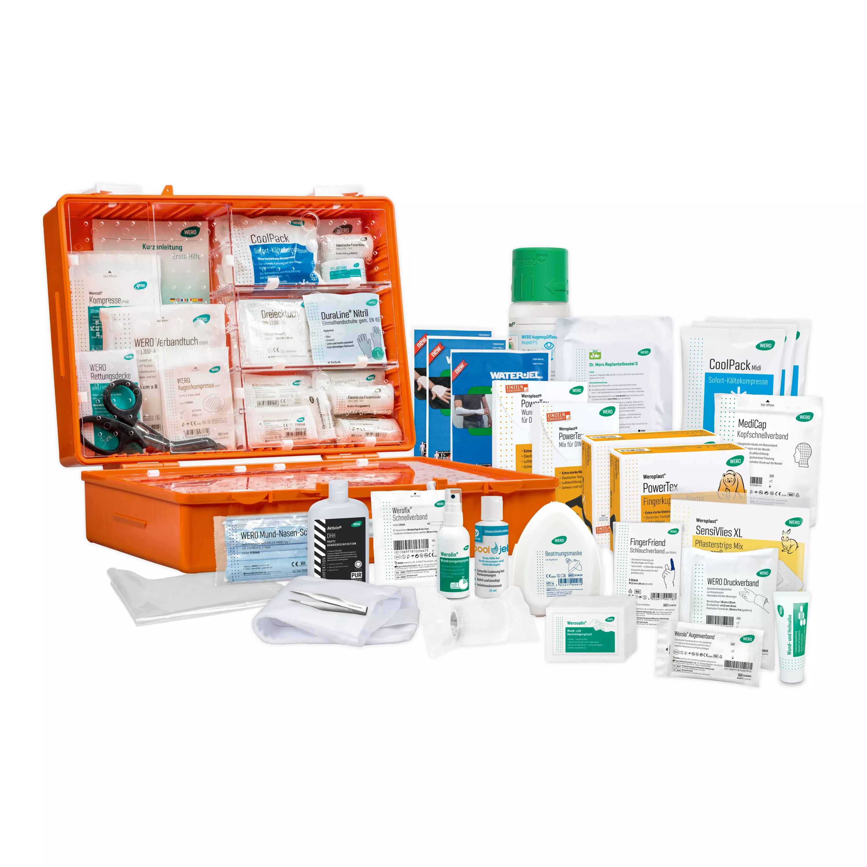 Geöffneter Werotop® 450 Erste Hilfe Koffer Metallverarbeitung / KFZ DIN 13157 mit WERO Füllung DIN 13157, Werolin® Wundreinigungsspray und WERO CoolPack Sofort-Kältekompresse.