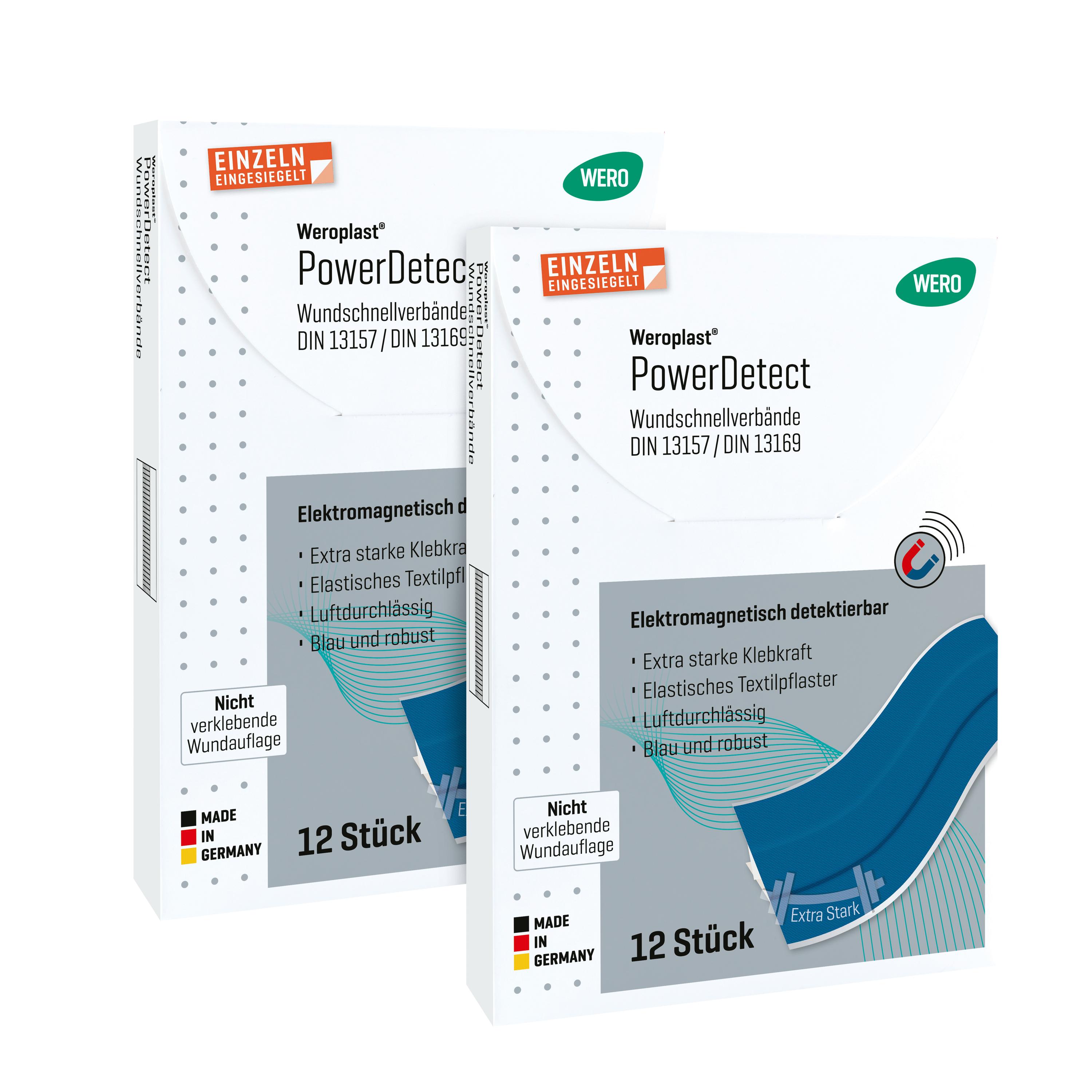 Zwei Packungen Weroplast® PowerDetect - Wundschnellverbände DIN 13169 mit extra starker Klebkraft, elastischem Textilgewebe und luftdurchlässiger Oberfläche.