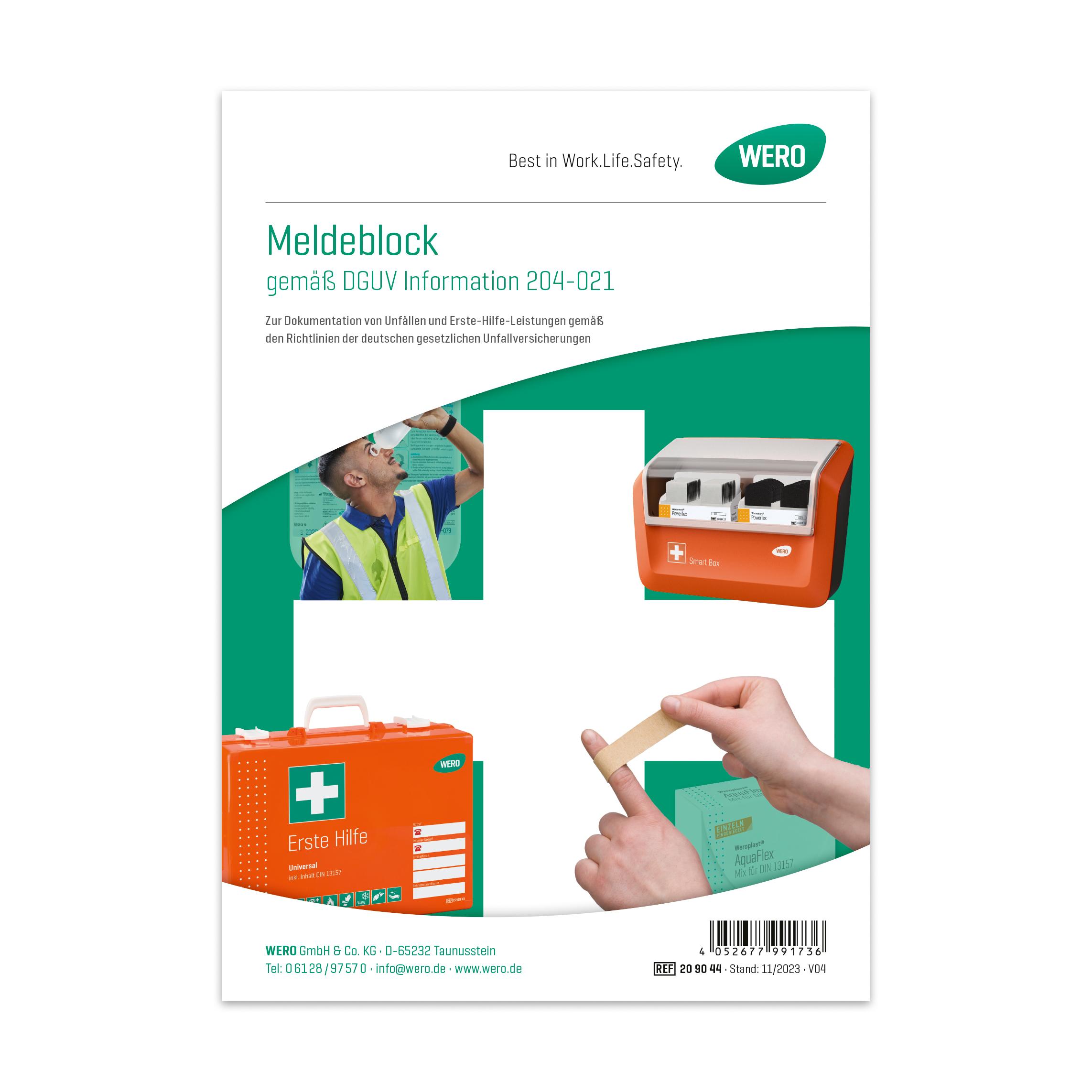 Ein Poster zeigt den WERO Meldeblock im DIN A5-Format mit Hinweise auf DGUV-konforme Erste-Hilfe-Dokumentation und benutzerfreundlicher Musterseite.