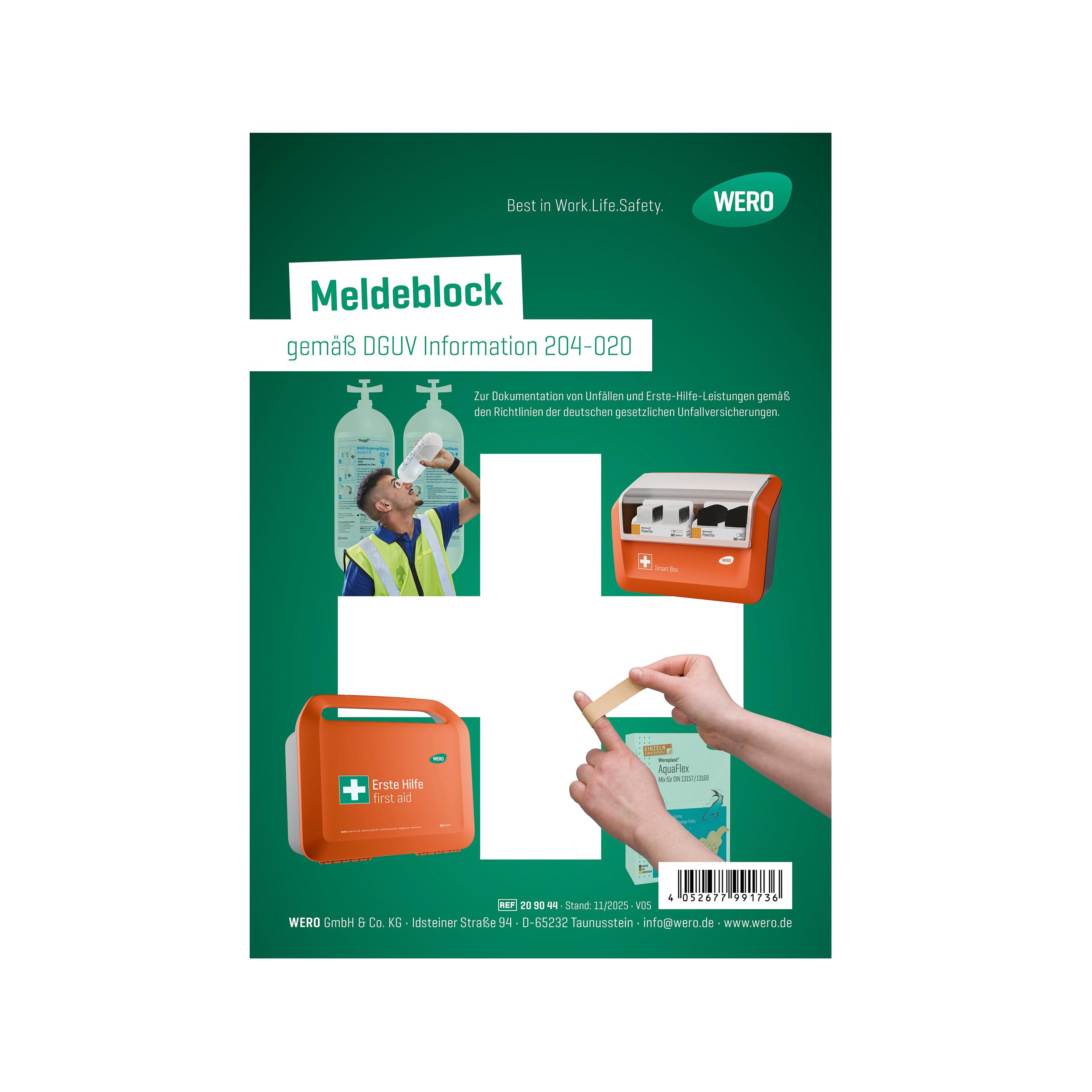 Ein Poster zeigt den WERO Meldeblock im DIN A5-Format mit Hinweise auf DGUV-konforme Erste-Hilfe-Dokumentation und benutzerfreundlicher Musterseite.