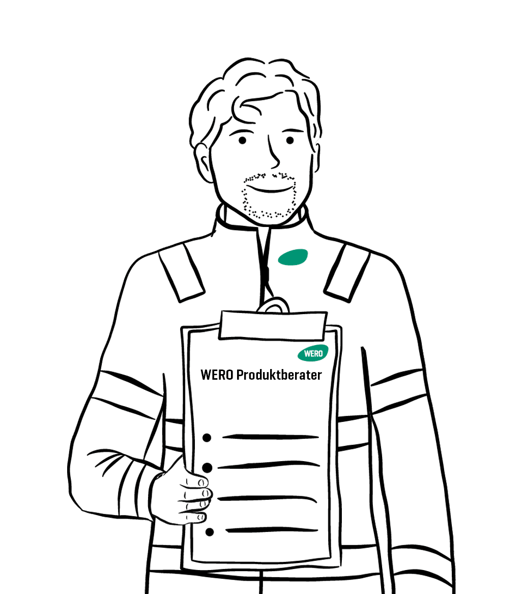 Eine Person im Scribbel-Stil mit einem Klemmbrett mit der Aufschrift "WERO Produktberater".