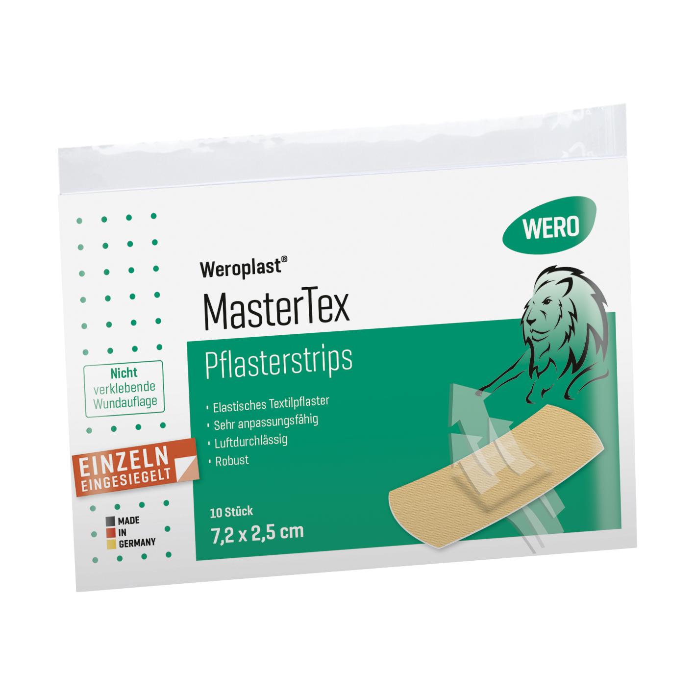 Die Verpackung von Pflasterstrips Weroplast® MasterTex - 2,5 cm, 10 Stk zeigt eine weiße Box mit grünen Akzenten, Löwenmotiv und Produktinformationen.