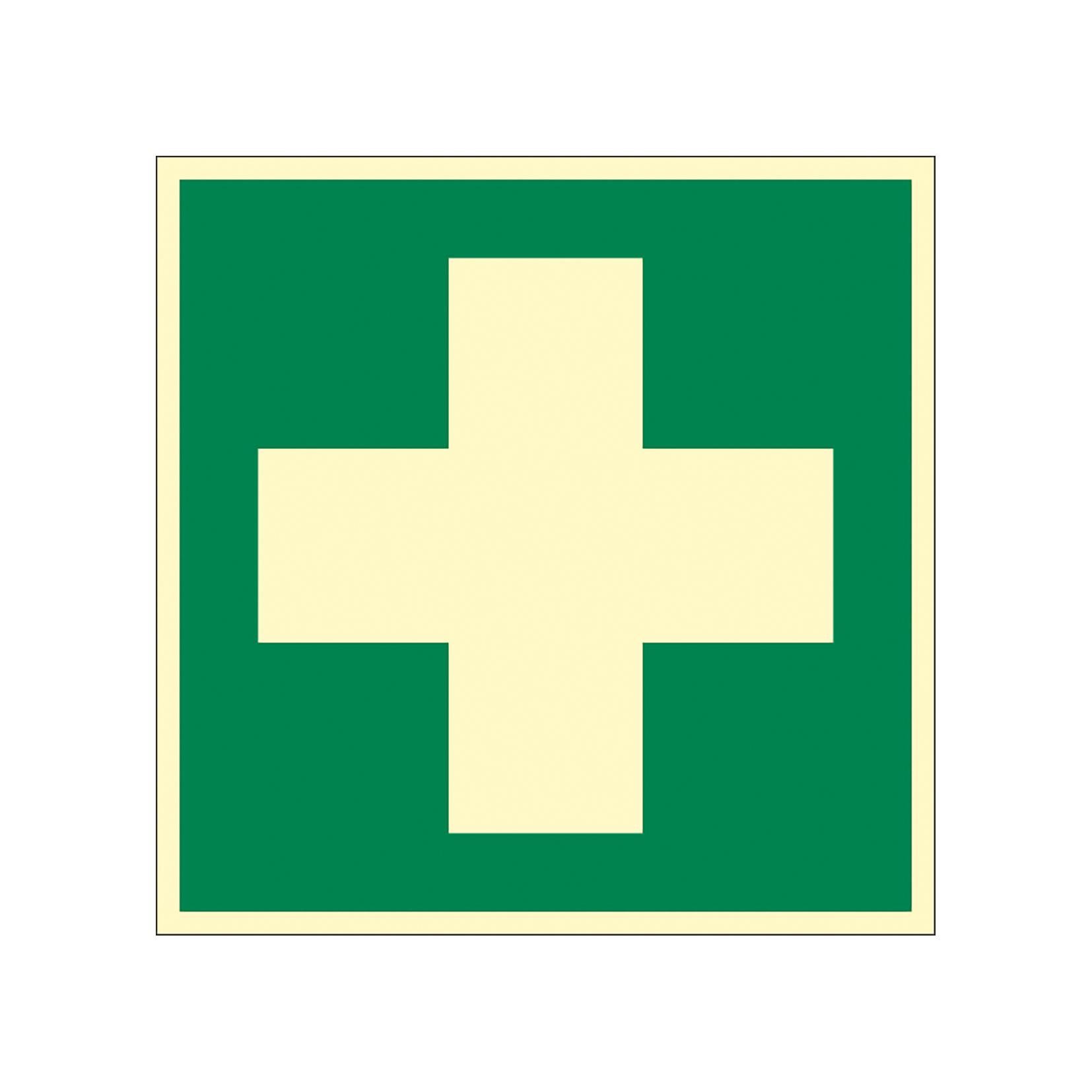 Quadratisches grünes Schild mit weißem, erhabenem Kreuz, hell gerahmt.