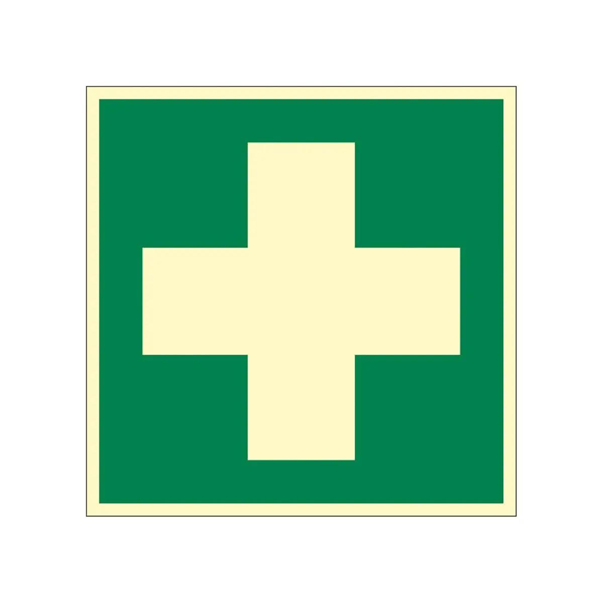 Quadratisches grünes Schild mit weißem, erhabenem Kreuz, hell gerahmt.