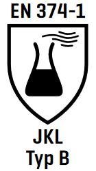 Schwarz-weißes Schild-Logo mit einem stilisierten Kolben, Dampf sowie Aufschriften „EN 374-1“ oben und „JKL Type B“ unten