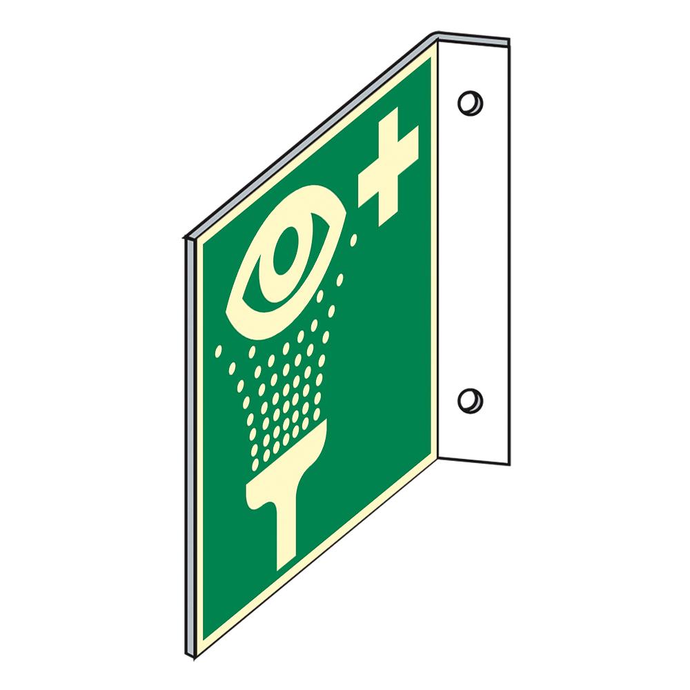 Grünes Rettungszeichen - Augenspüleinrichtung - Fahne mit weißem Augensymbol, Pluszeichen und Dusche, oben rechts mit Schrauben befestigt
