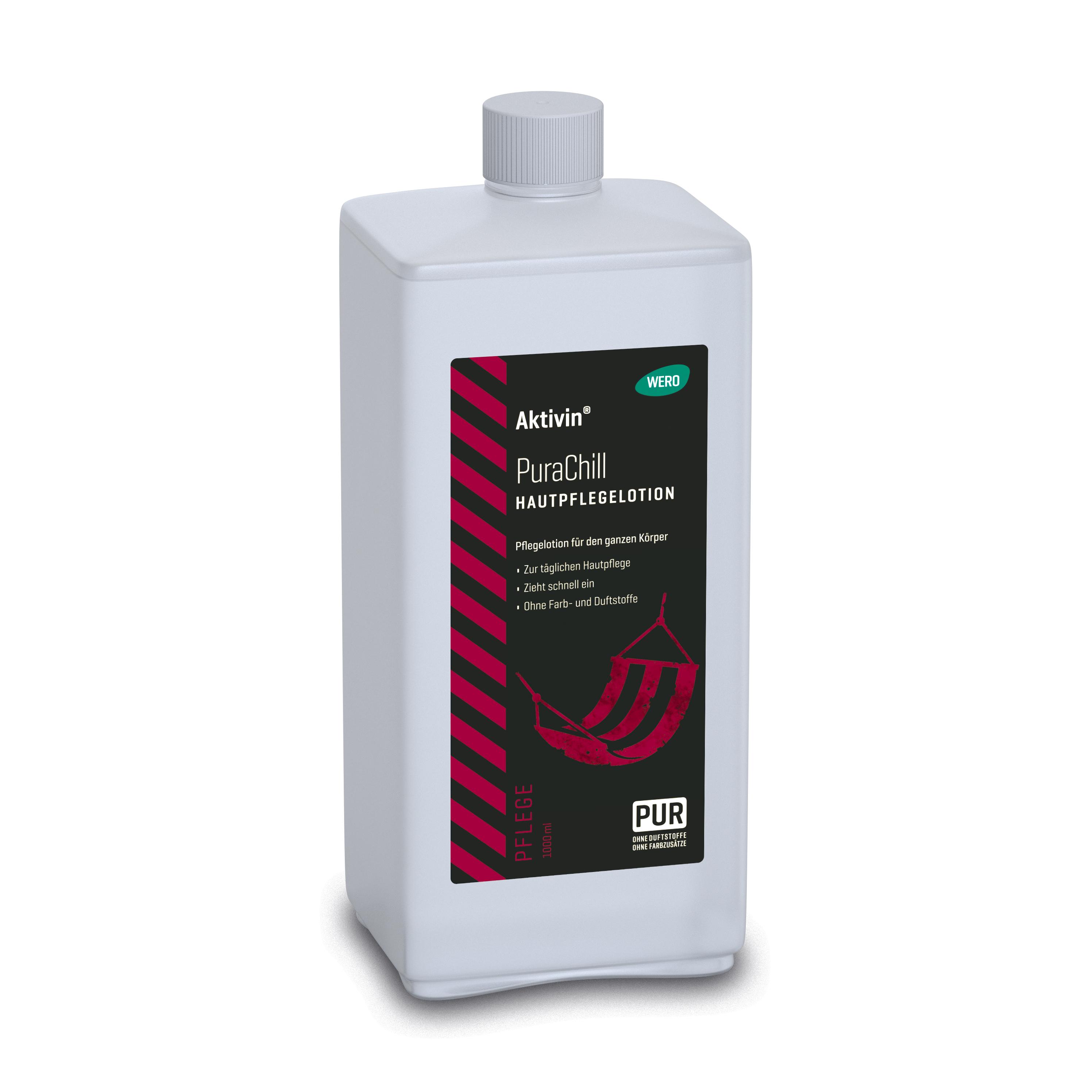 Weiße Kunststoffflasche Hautpflegelotion Aktivin® PuraChill 1.000 ml mit Sheabutter, Mandelöl und Vitamin E, schwarze Etikettierung, weißer Deckel.