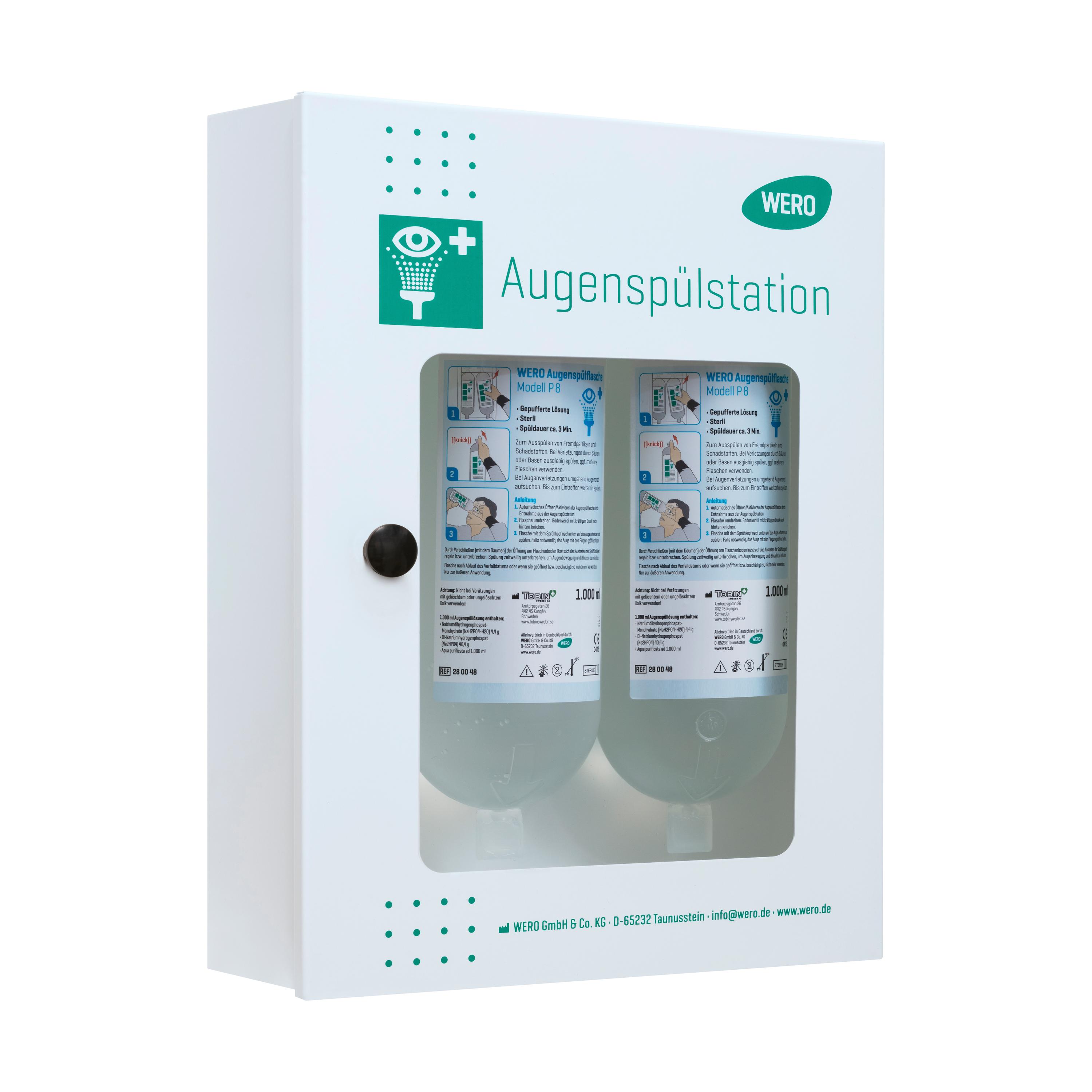 WERO Augenspülstation mit 2 Augenspülflaschen P 8, rechteckige Box mit Sichtfenster, jeweils gepufferte sterile Lösung.