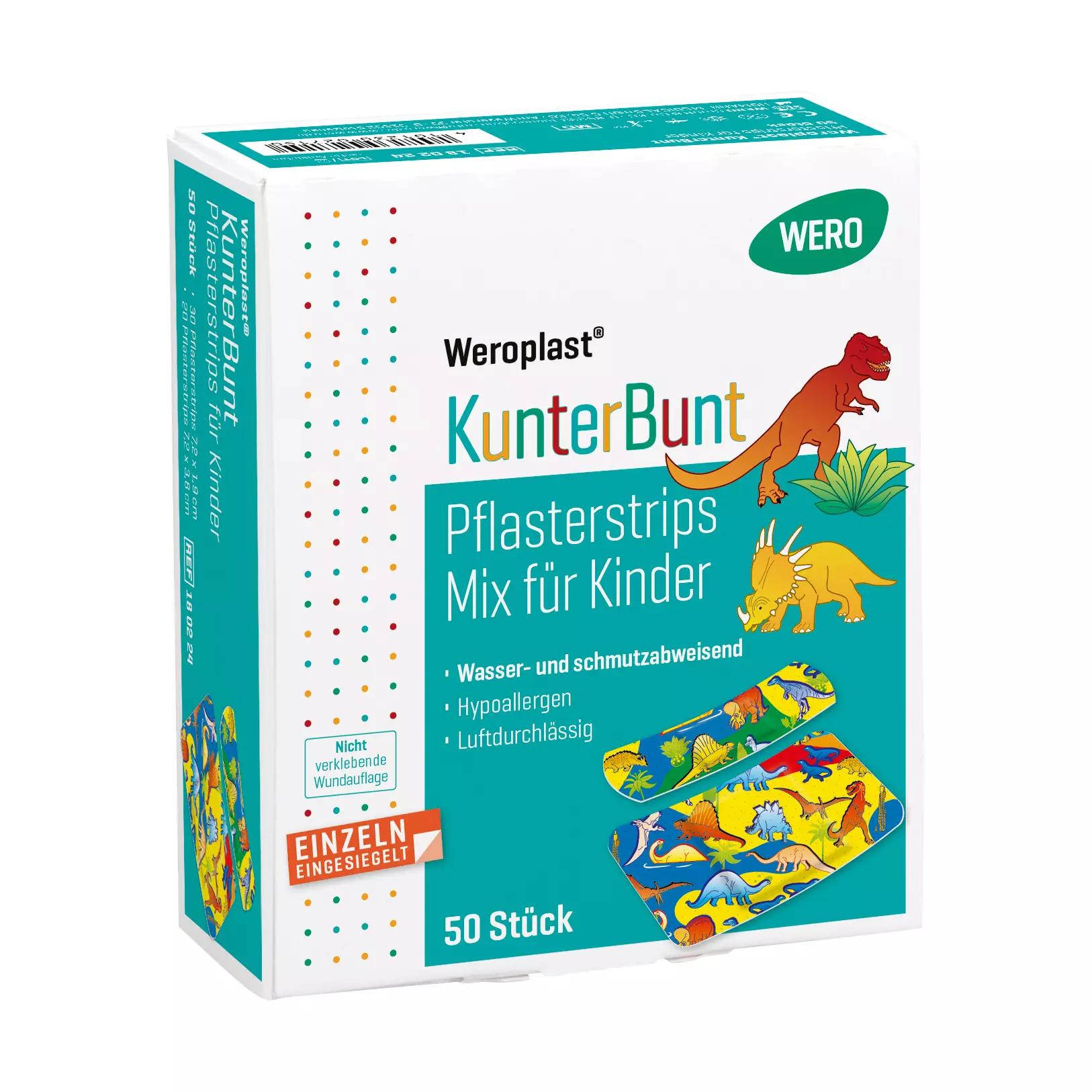 Eine Verpackung Weroplast® KunterBunt Pflasterstrips Mix für Kinder, 50 Stk, mit bunten Dinosauriermotiven und altersgerechtem Design für kleine Wunden.