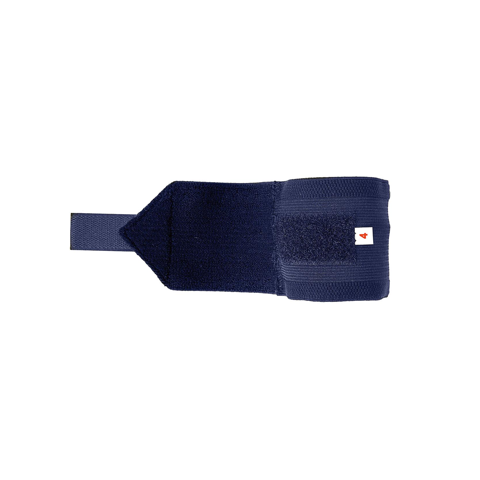 Eine navyblaue Handgelenkbandage WERO Sanit® Supra - Blau, M mit Klettverschlüssen, rotem Logo und weichem Baumwollmischgewebe liegt flach ausgebreitet.
