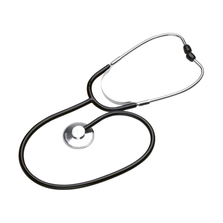 Ein Stethoskop, latexfrei, mit glänzendem Aluminium-Kopf, 45 mm Durchmesser und weichen, bequemen Ohroliven liegt gebrauchsfertig auf einer Fläche.