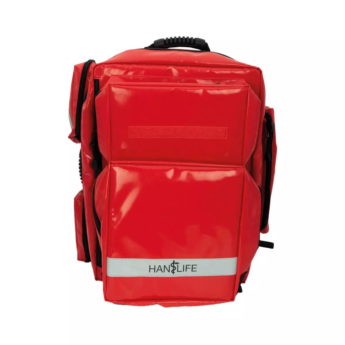 HAN-LIFE Rettungsrucksack PARAMEDIC PLUS in Rot aus PVC-beschichtetem Polyester, reflektierende Details, mehrere Fächer mit schwarzen Tragegriffen.