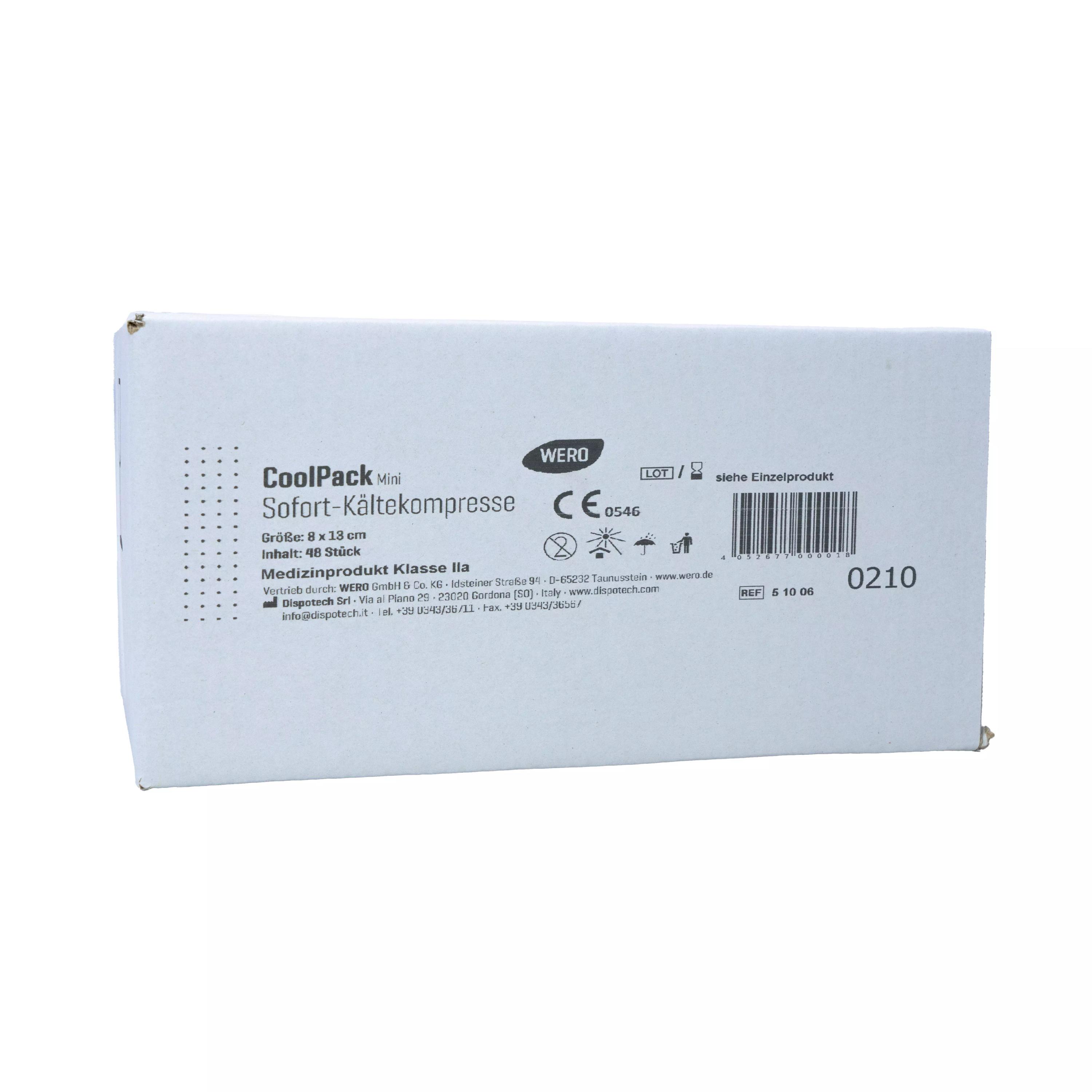 Weiße Verpackung der WERO CoolPack Sofort-Kältekompresse - Mini, 48 Stk, mit Produktinfos und schwarzen Beschriftungen auf der Vorderseite.