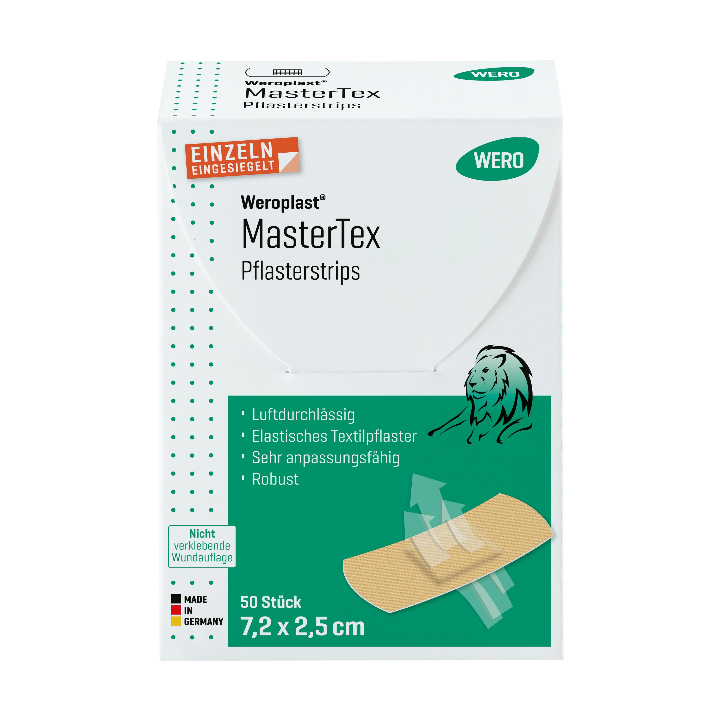 Eine weiße Schachtel Pflasterstrips Weroplast® MasterTex - 2,5 cm mit sichtbaren Pflasterrollen in Fensteröffnung und grünen Akzenten.