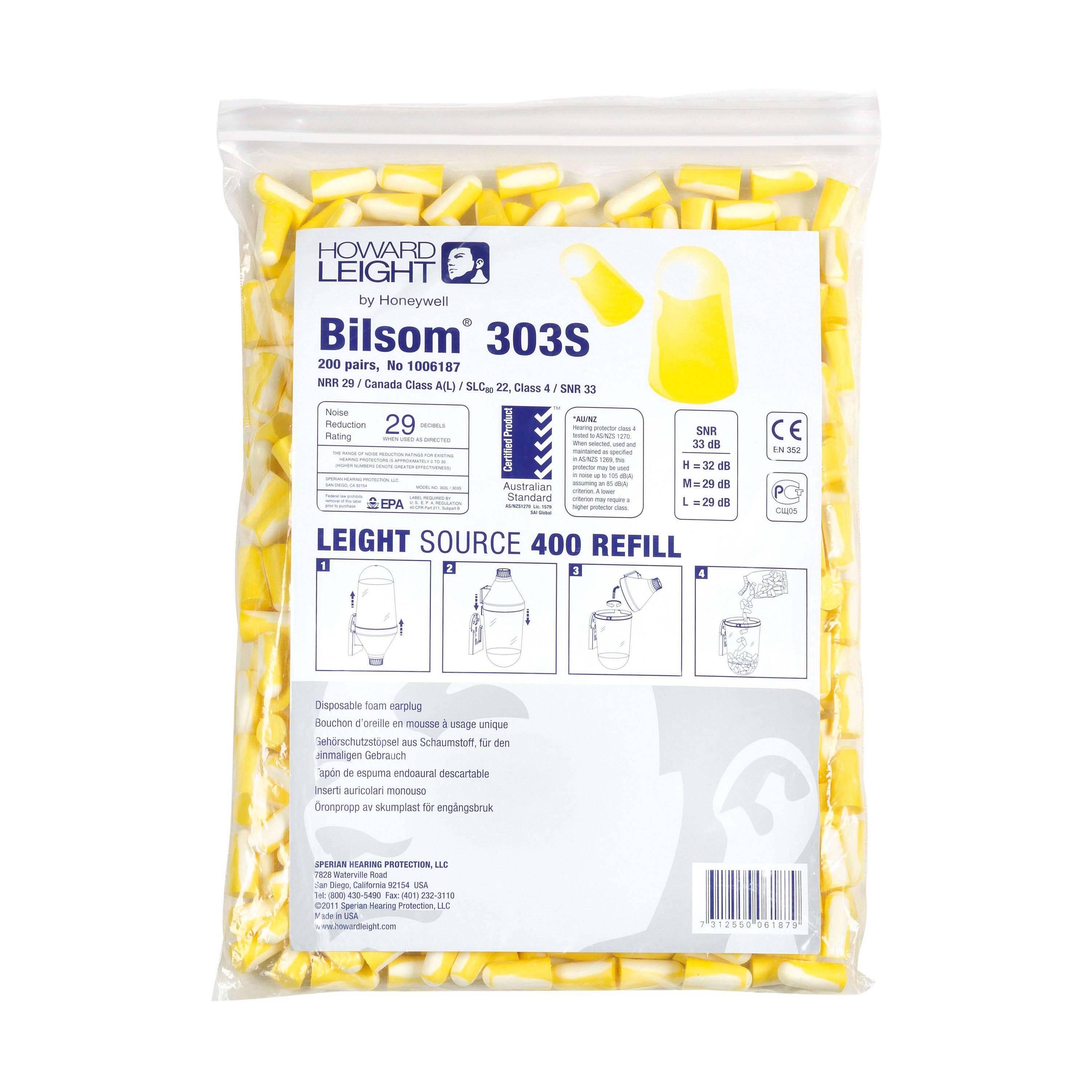 Nachfüllpackung Bilsom® 303 mit 200 Paar kleine, gelbe, konisch geformte Polyurethan-Ohrstöpsel im klaren Plastikbeutel mit Aufdruck.