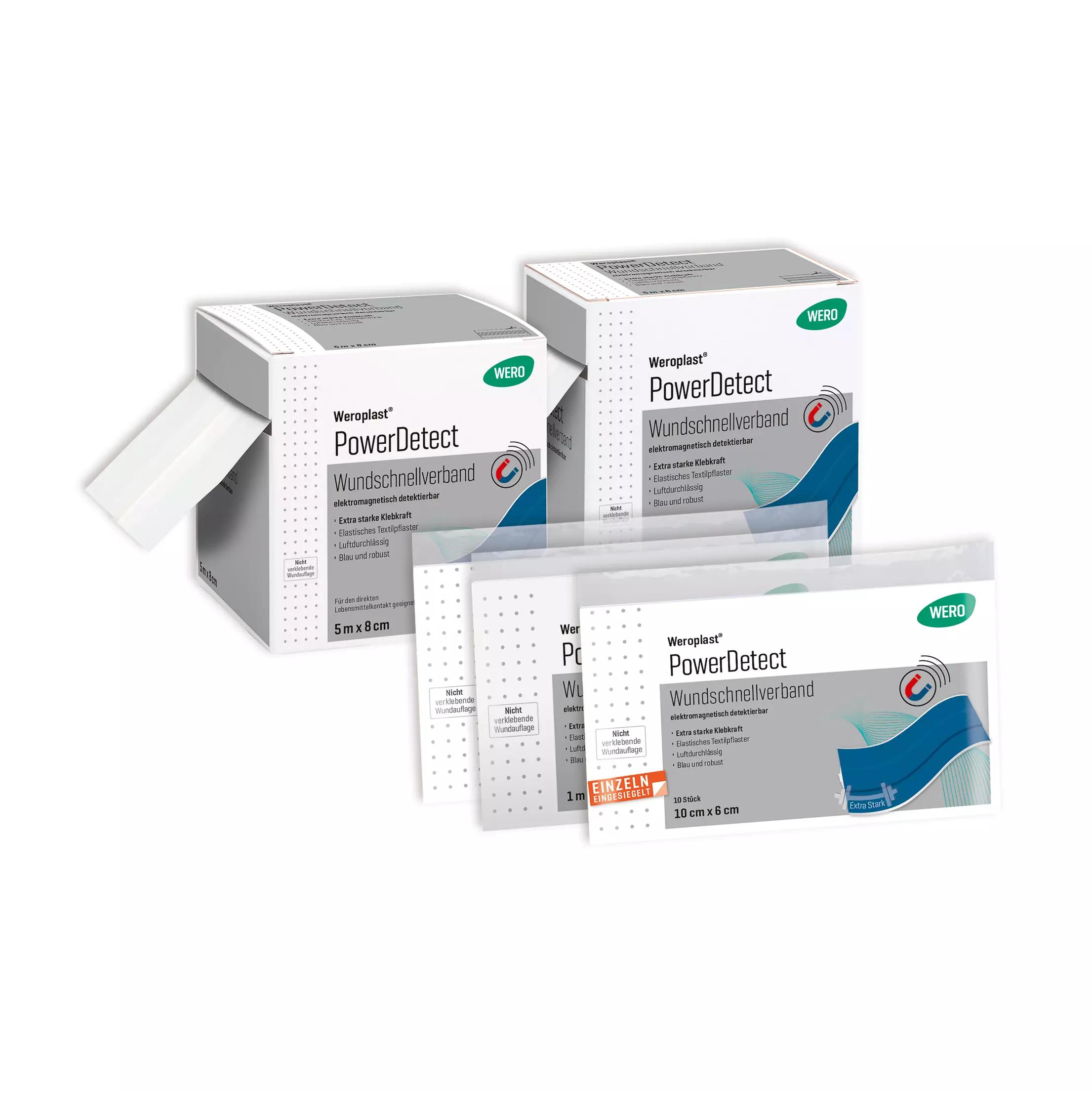 Vier Packungen Wundschnellverband Weroplast® PowerDetect - 8 cm, 1 m mit blauer, detektierbarer Aluminiumverstärkung, elastischem Gewebe und starker Klebkraft.