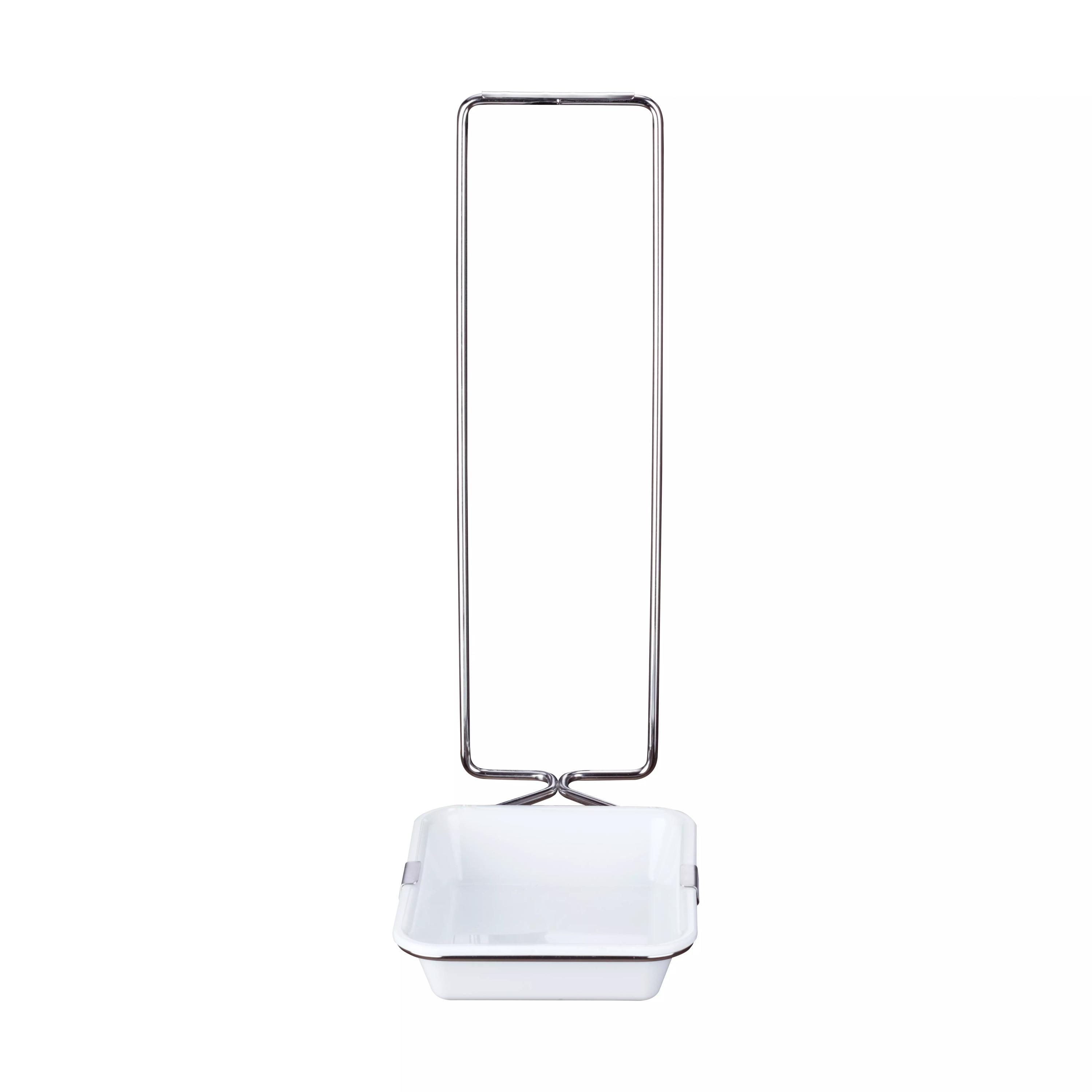Schalenhalter mit Schale und Edelstahlbügel zum Hängen für Spender Touchless mit emaillierter Schale und zweiteiligem Metallständer.