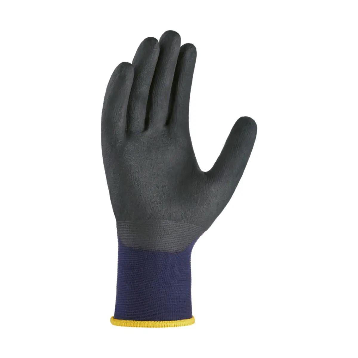 Ein schwarzer teXXor Nylon-Strickhandschuh ECO TOUCH mit blau-gelbem Bündchen, flexiblem Sitz und sicherem Halt liegt mit gespreizten Fingern auf.